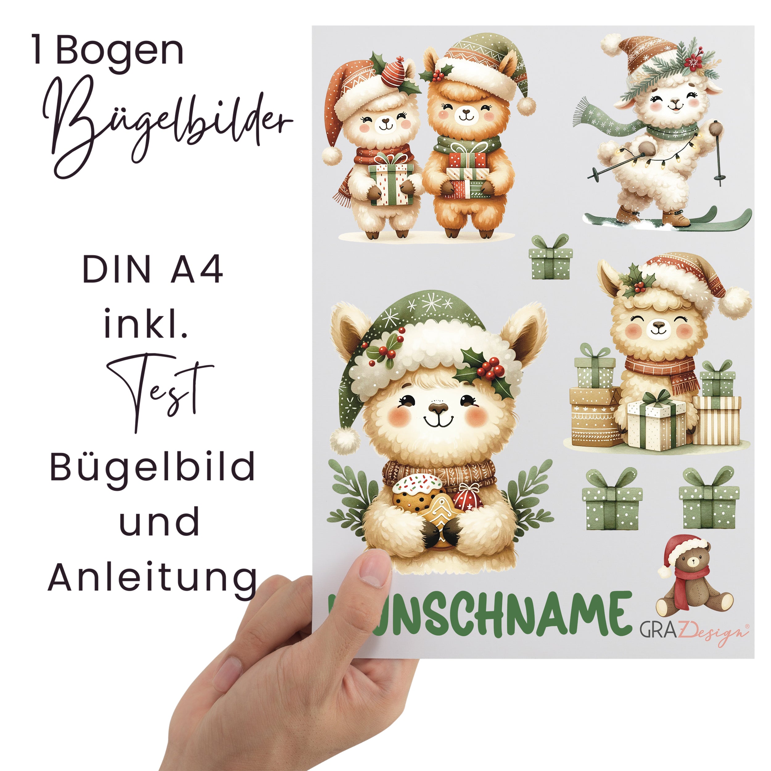 Bügelbilder DIN A4 mit niedlichen Tieren und Geschenken.
