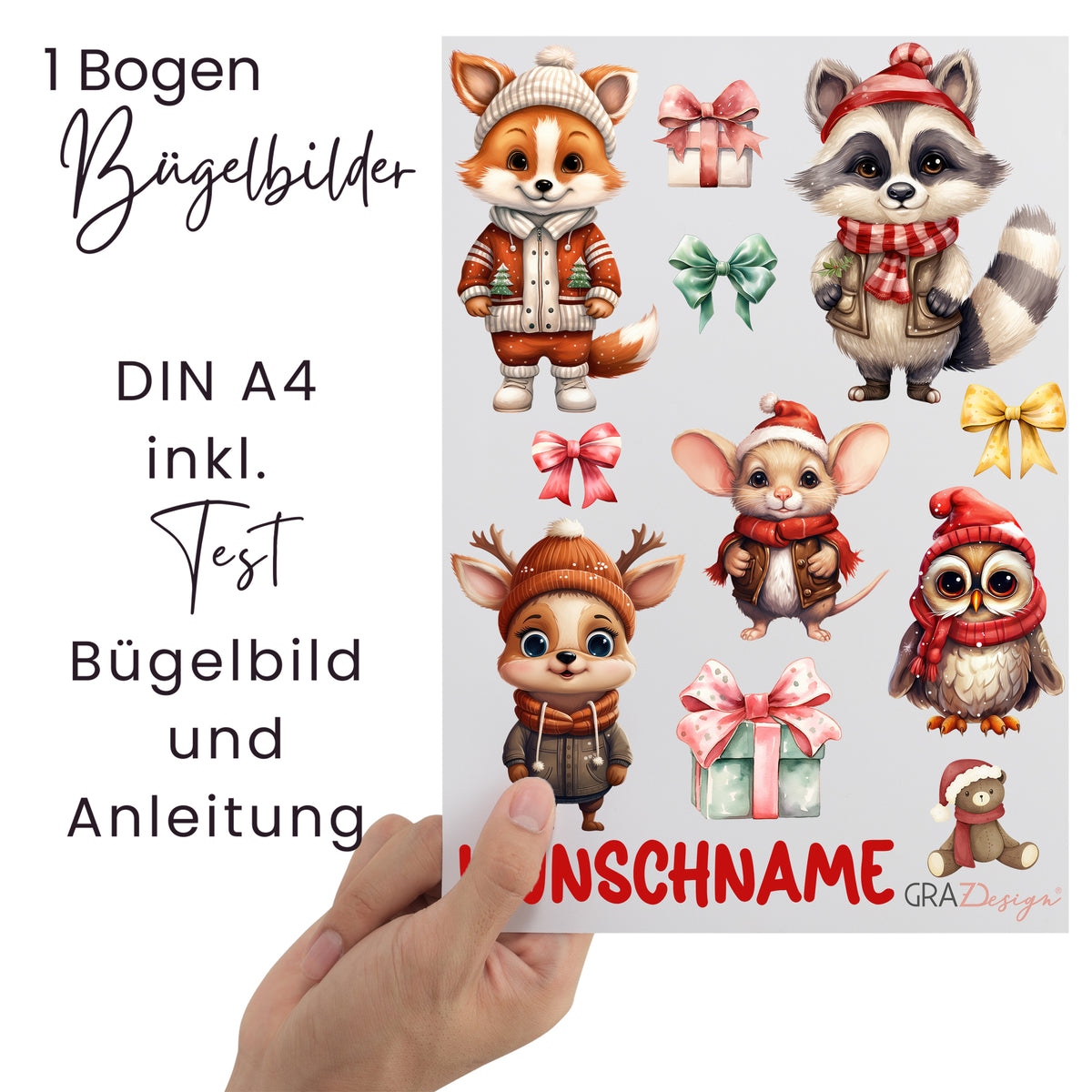 Bügelbilder mit Tieren und Geschenken, DIN A4, bunt.