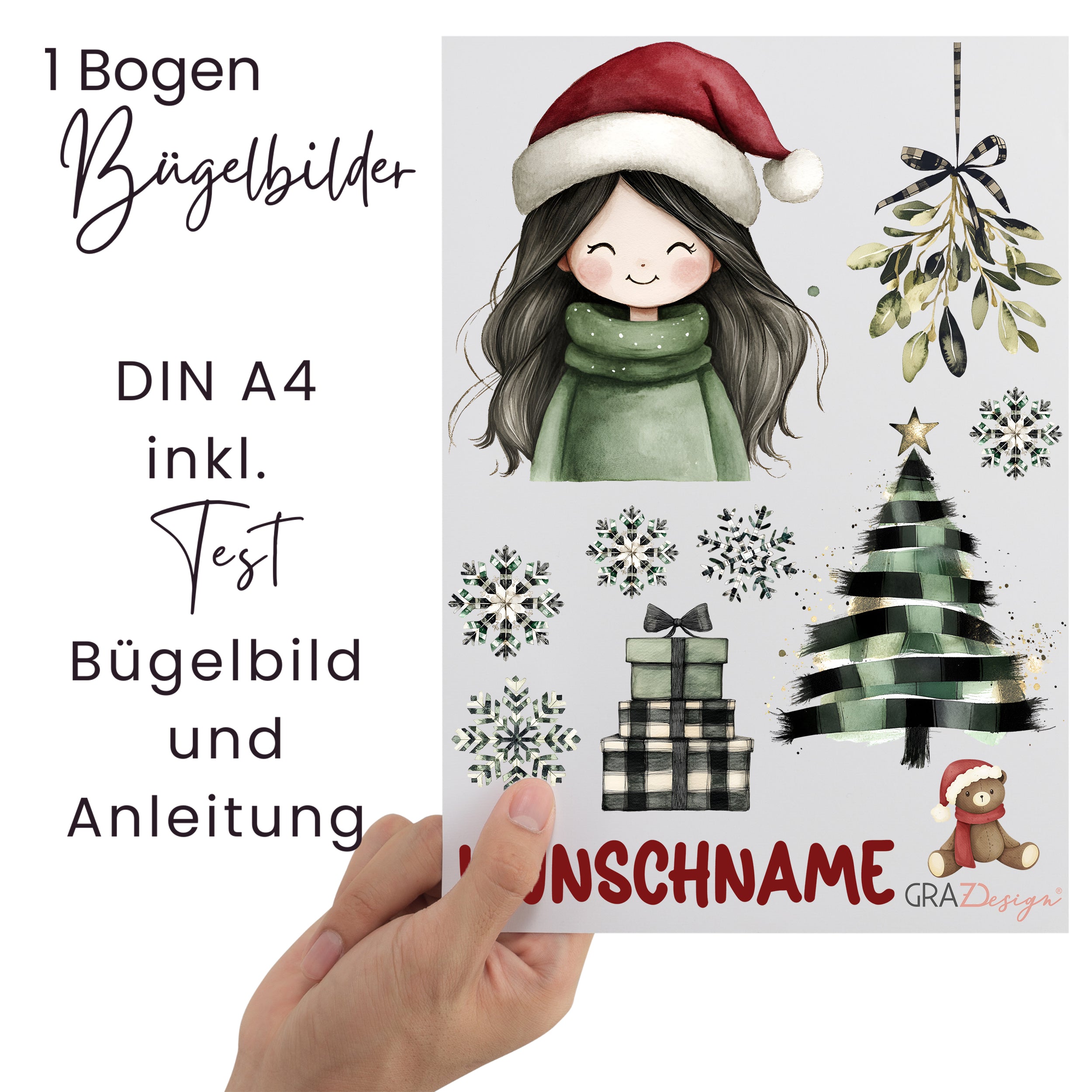 Bügelbilder A4 mit Weihnachtsmotiven, grün und rot.