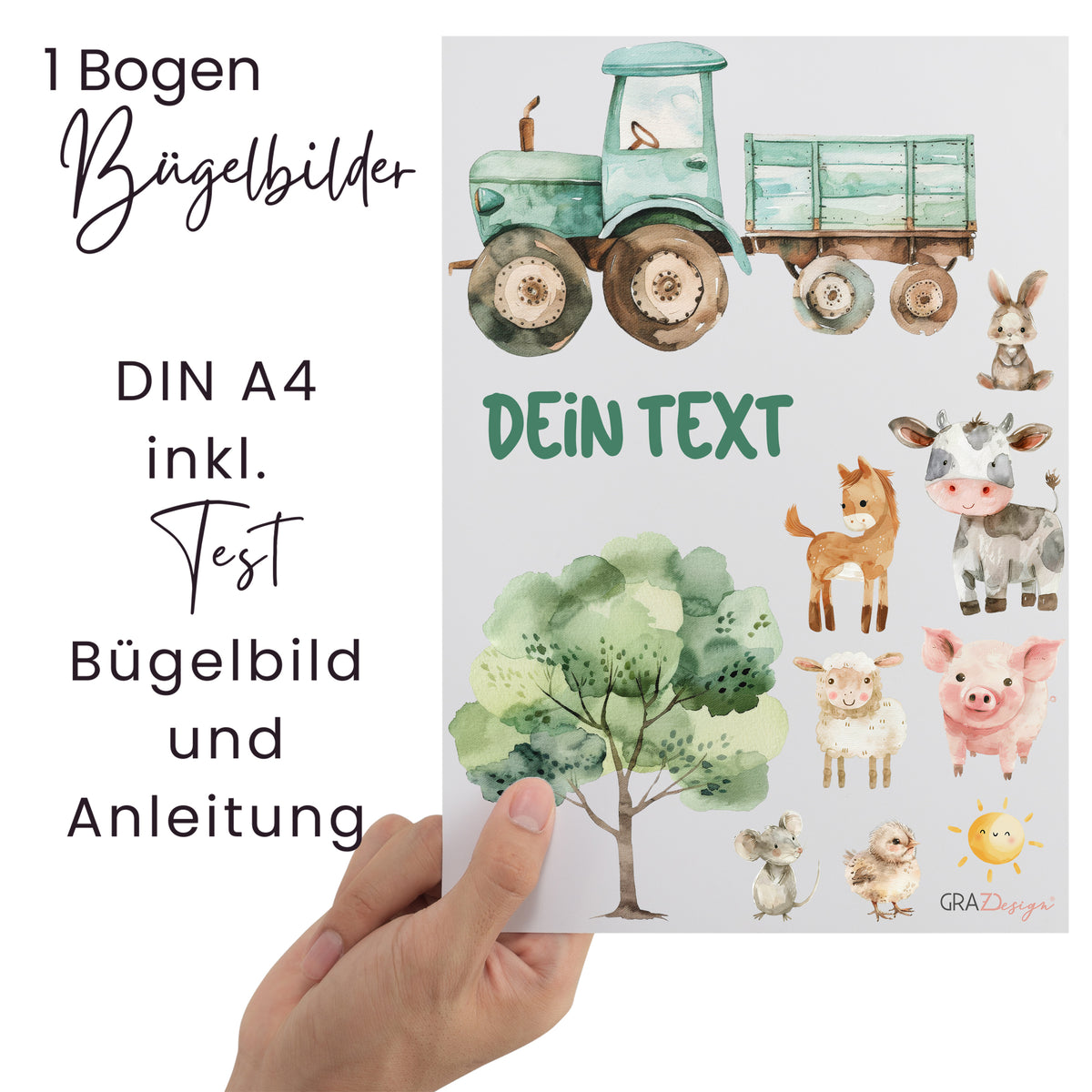 Bügelbilder Bogen A4 mit Traktor, Tieren und Baum.