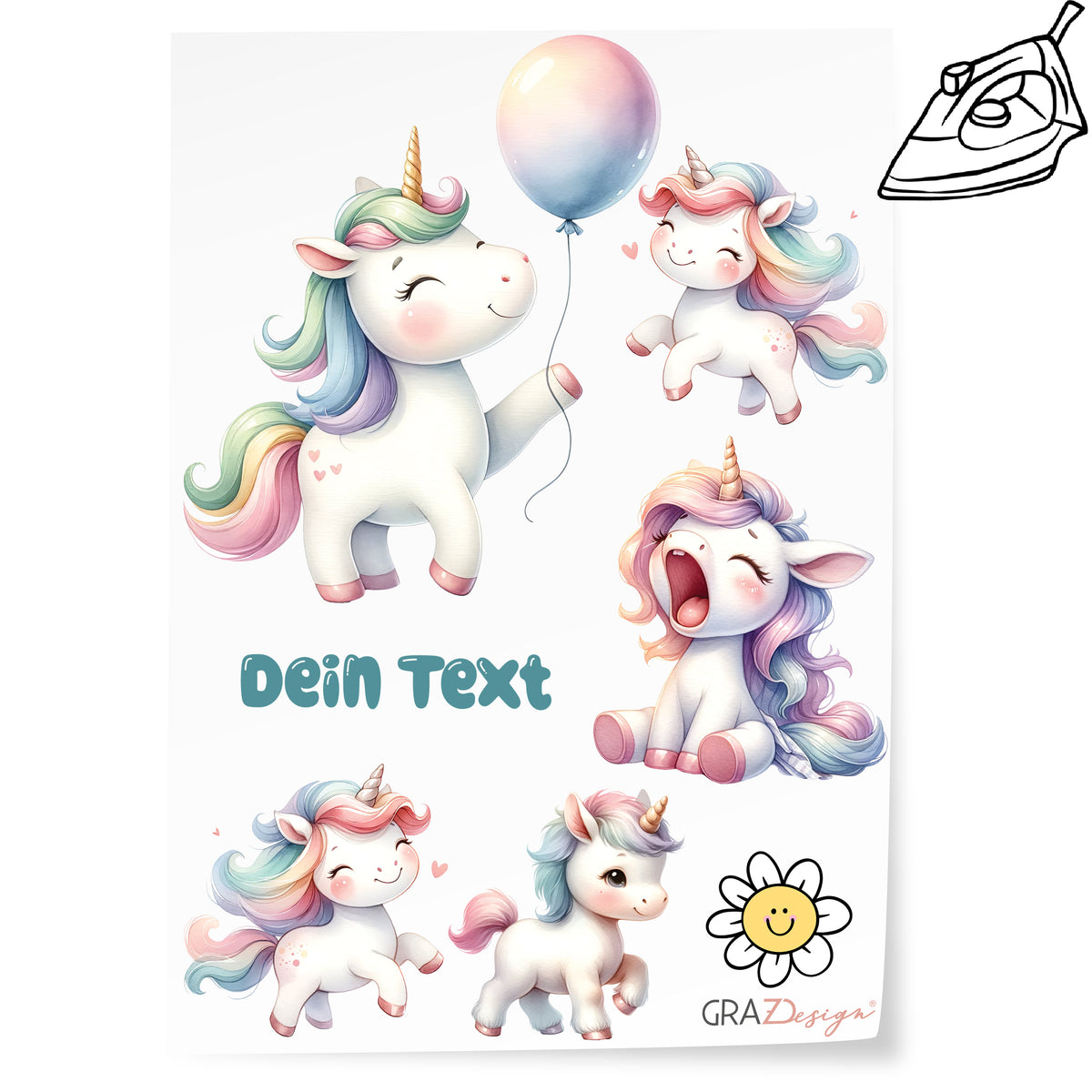 Bunte Einhorn-Motive mit Ballon und fröhlichen Farben.