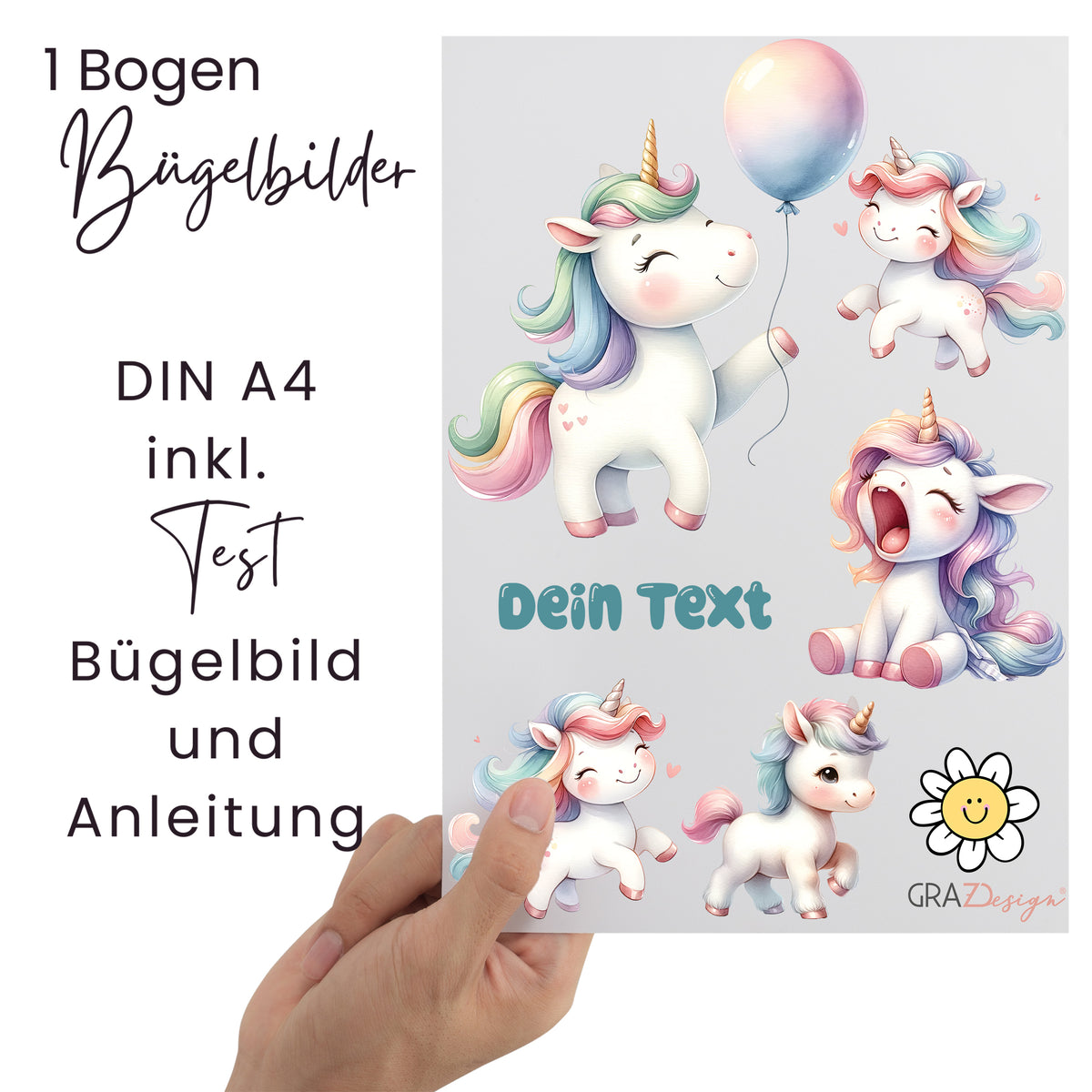 Bügelbilder mit Einhörnern, pastellfarben, DIN A4.