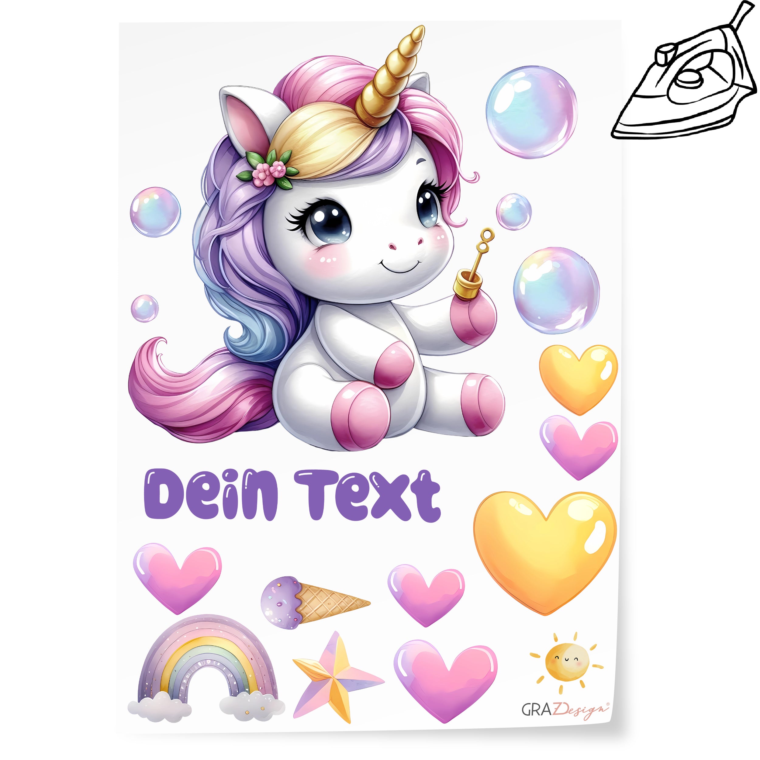Einhorn mit buntem Haar, Herzen, Blasen und Regenbogen.