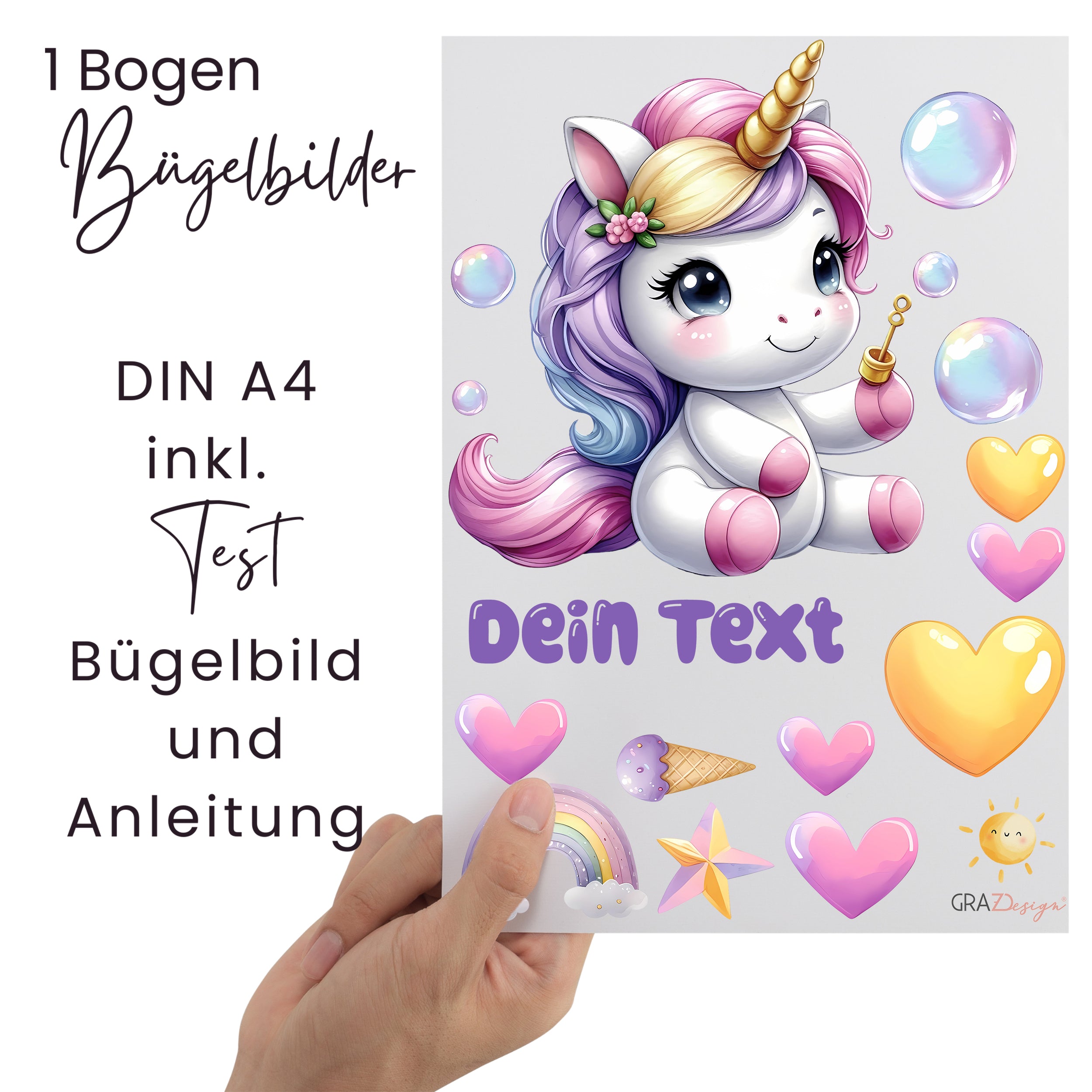 Bügelbilderbogen mit Einhorn, bunten Herzen und Anleitung.