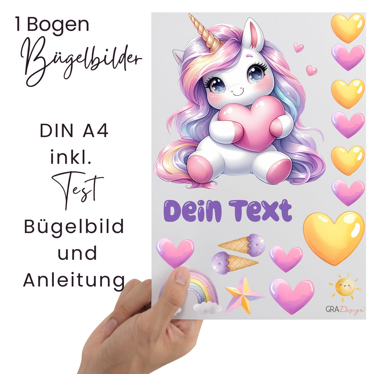 Bügelbilderbogen mit Einhorn, Herzen und bunten Farben.