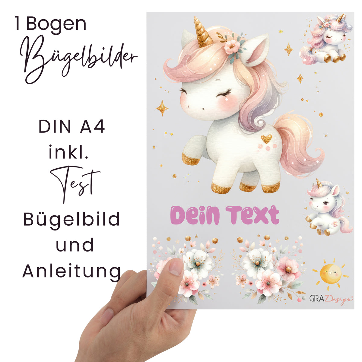 Bügelbilder mit Einhorn-Motiv auf A4, rosa und weiß.