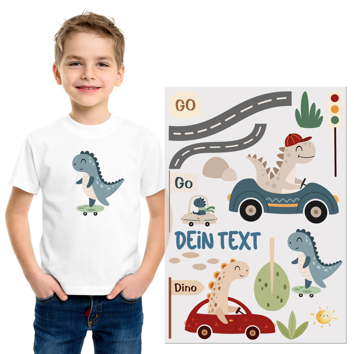 Weißes T-Shirt mit Dinosaurier-Motiv und bunten Fahrzeugen.