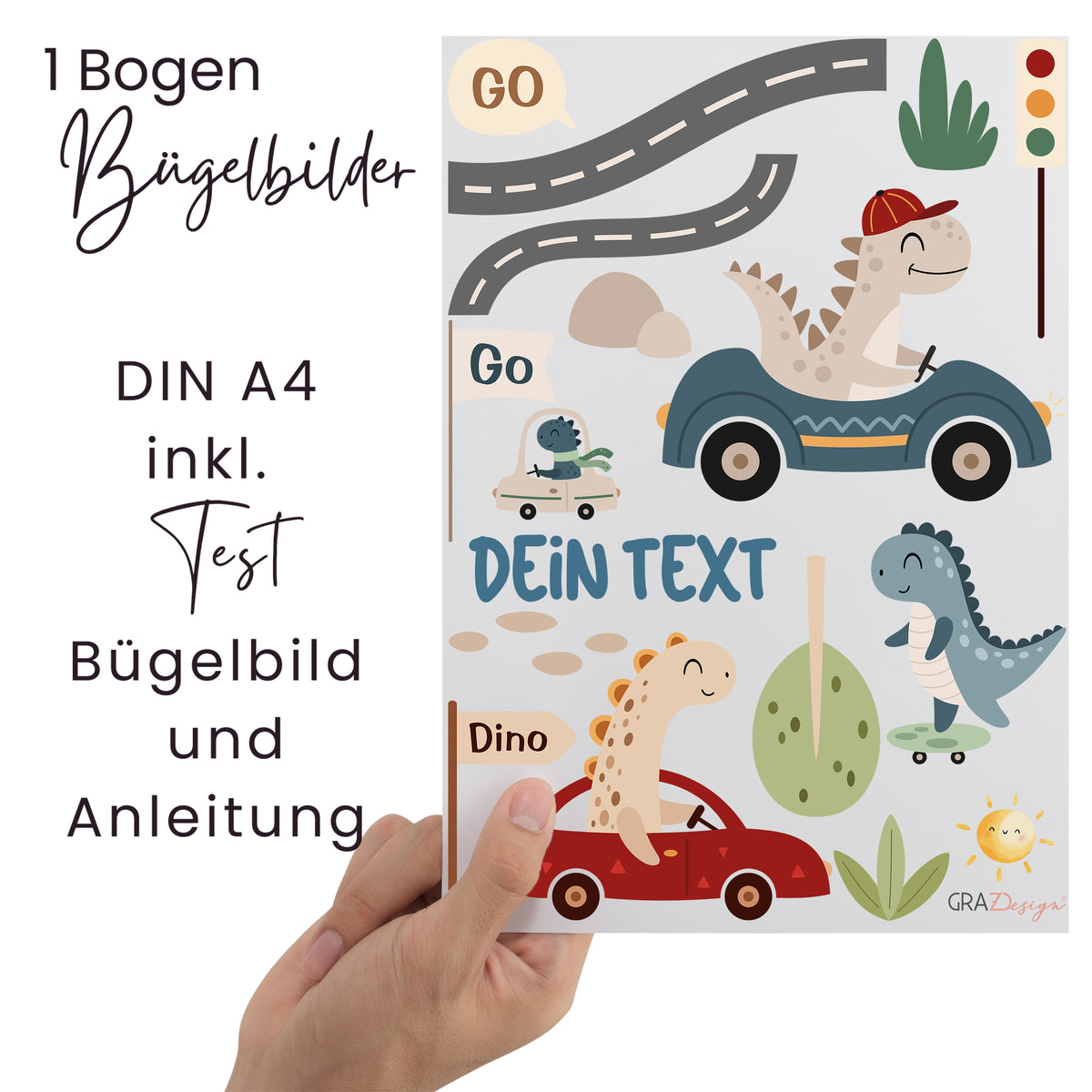 Bügelbilder für Kinder, DIN A4, bunte Dinosaurier und Autos.