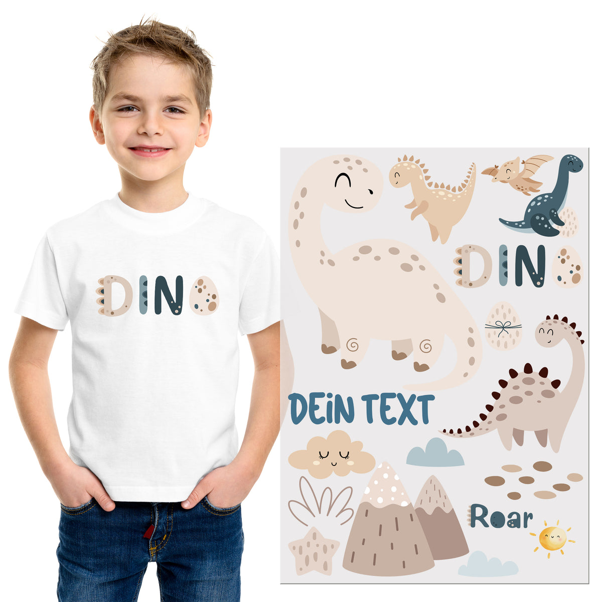 Weißes T-Shirt mit Dino-Motiv und personalisiertem Text.