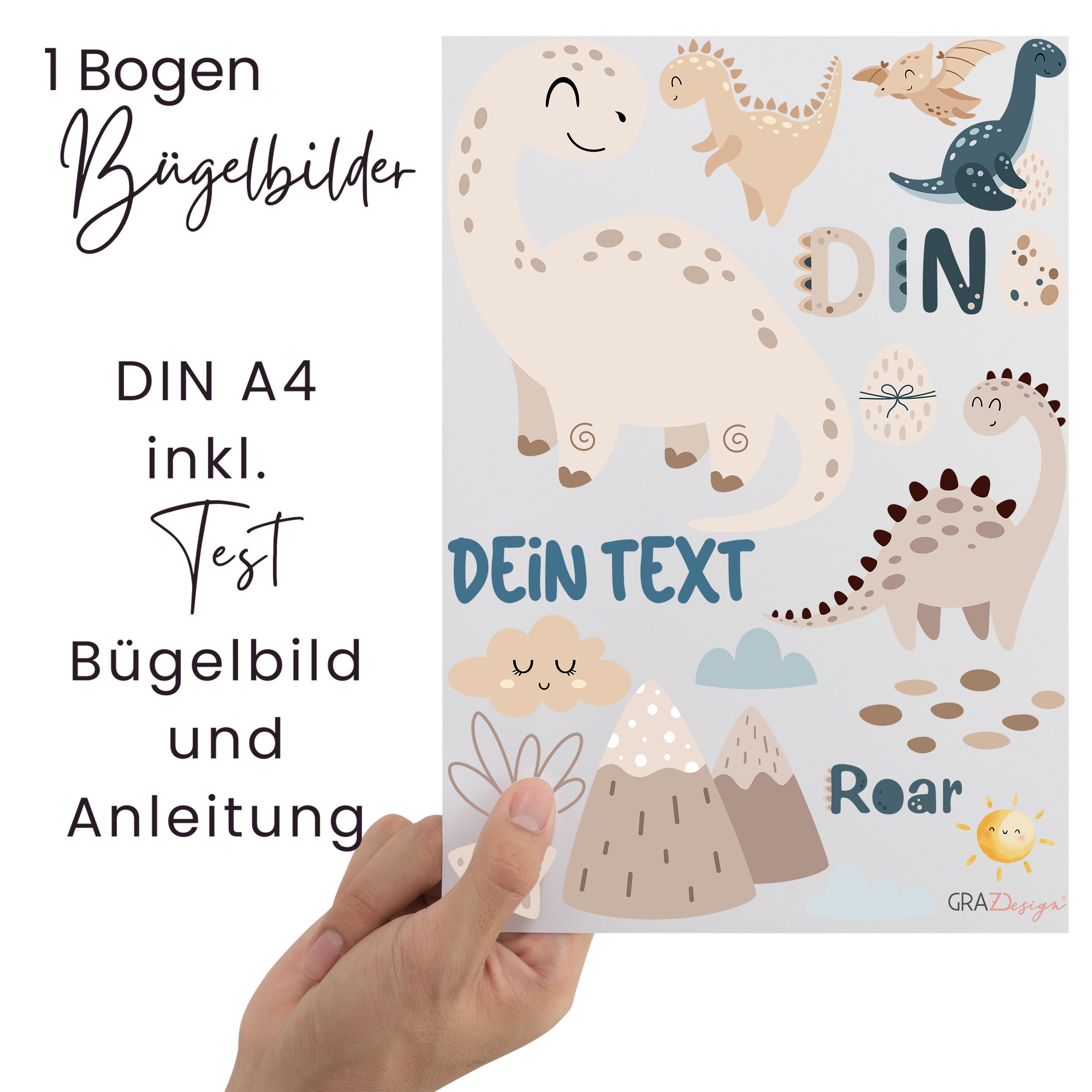 Bügelbilder Bogen A4 mit Dinosauriern und Anleitung