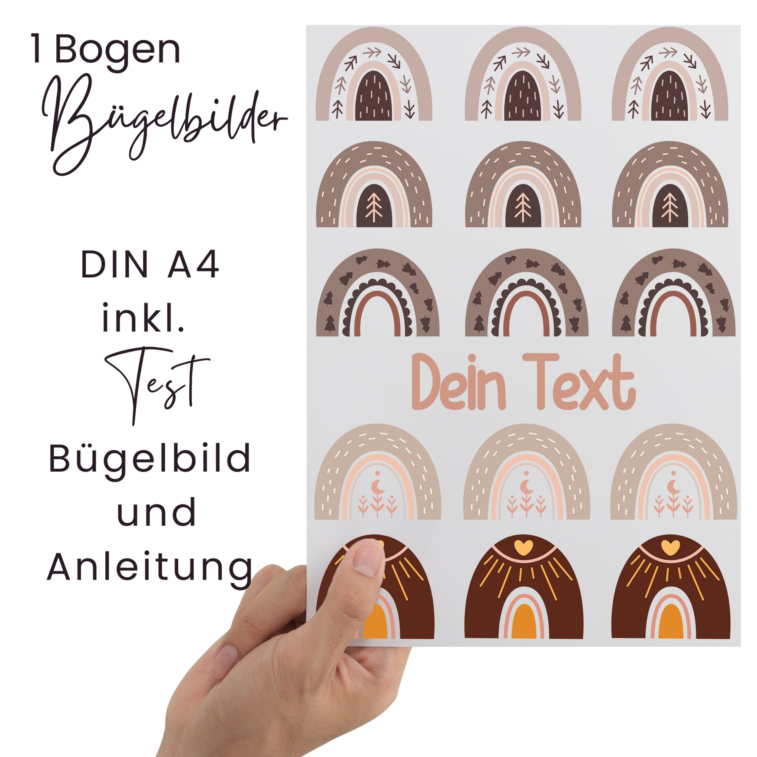 Bogen Bügelbilder in Erdtönen, DIN A4, inklusive Anleitung.