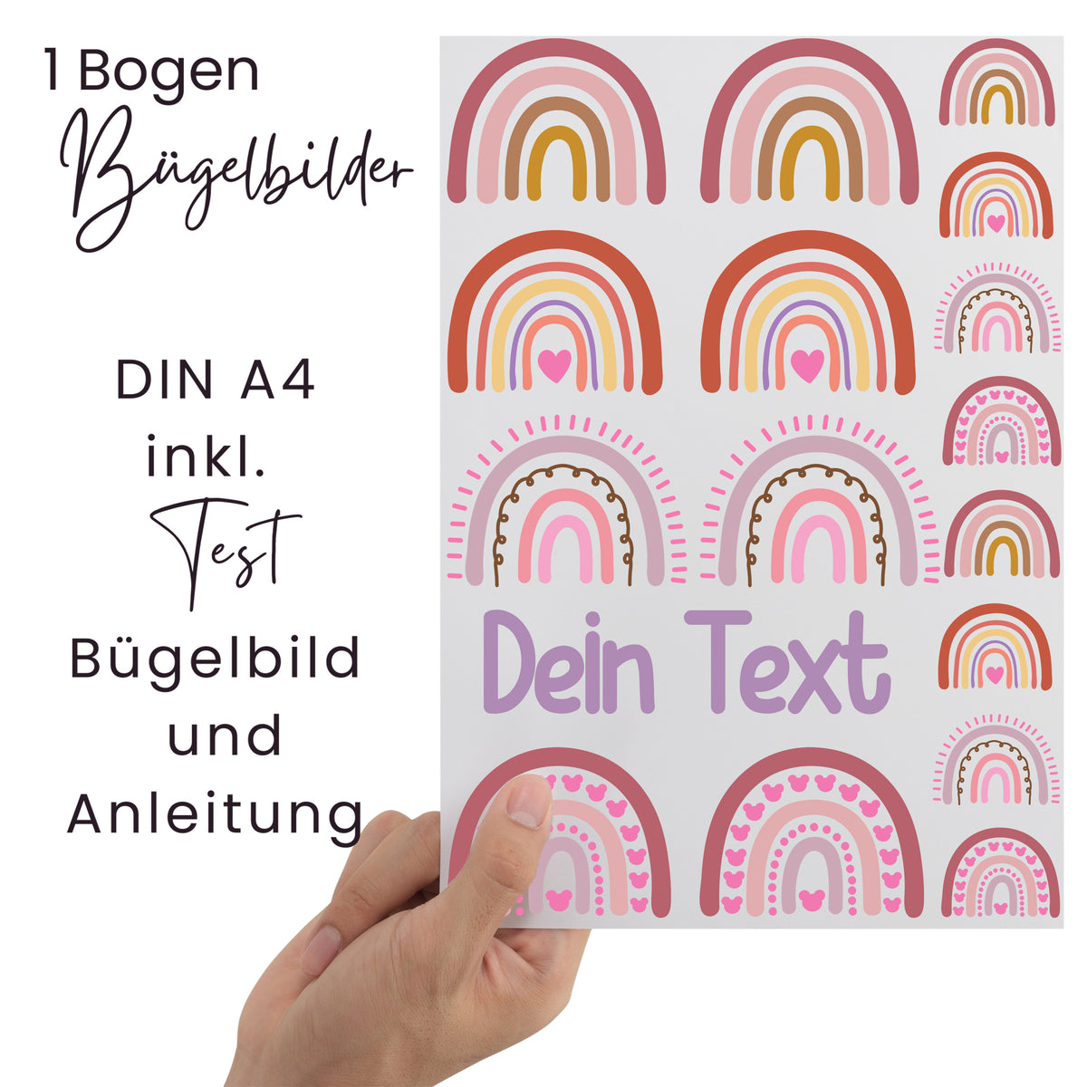 Bügelbilderbogen mit bunten Regenbögen und Anleitung.
