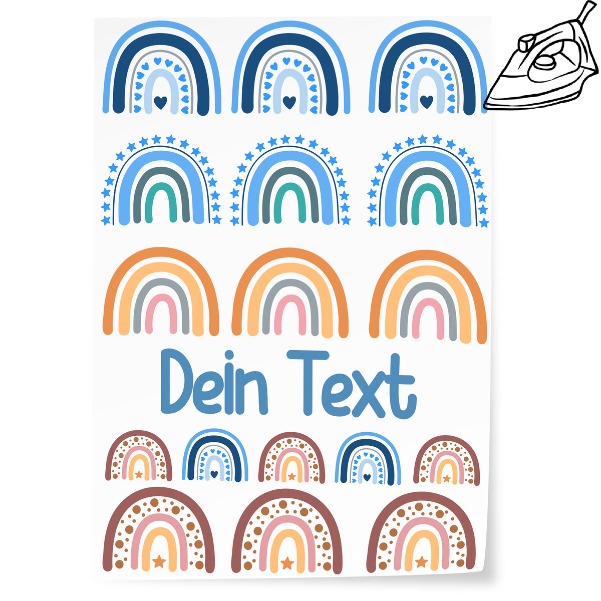 Bunte Regenbögen mit dem Text "Dein Text" in Blau.