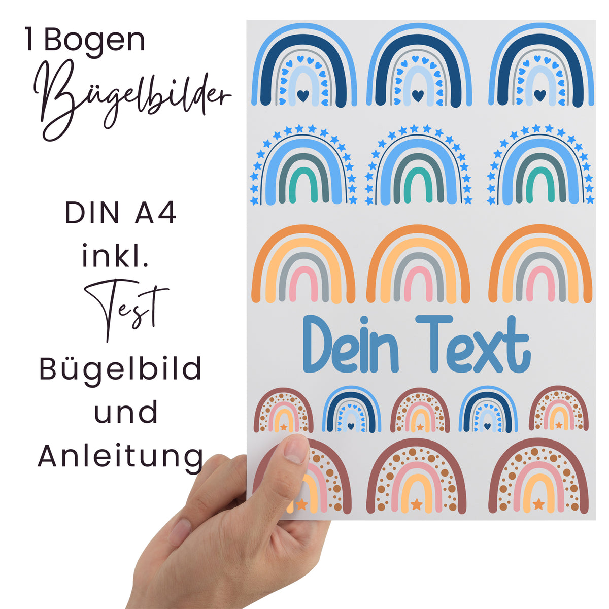 Bügelbilderbogen DIN A4 mit bunten Regenbögen und Anleitung.