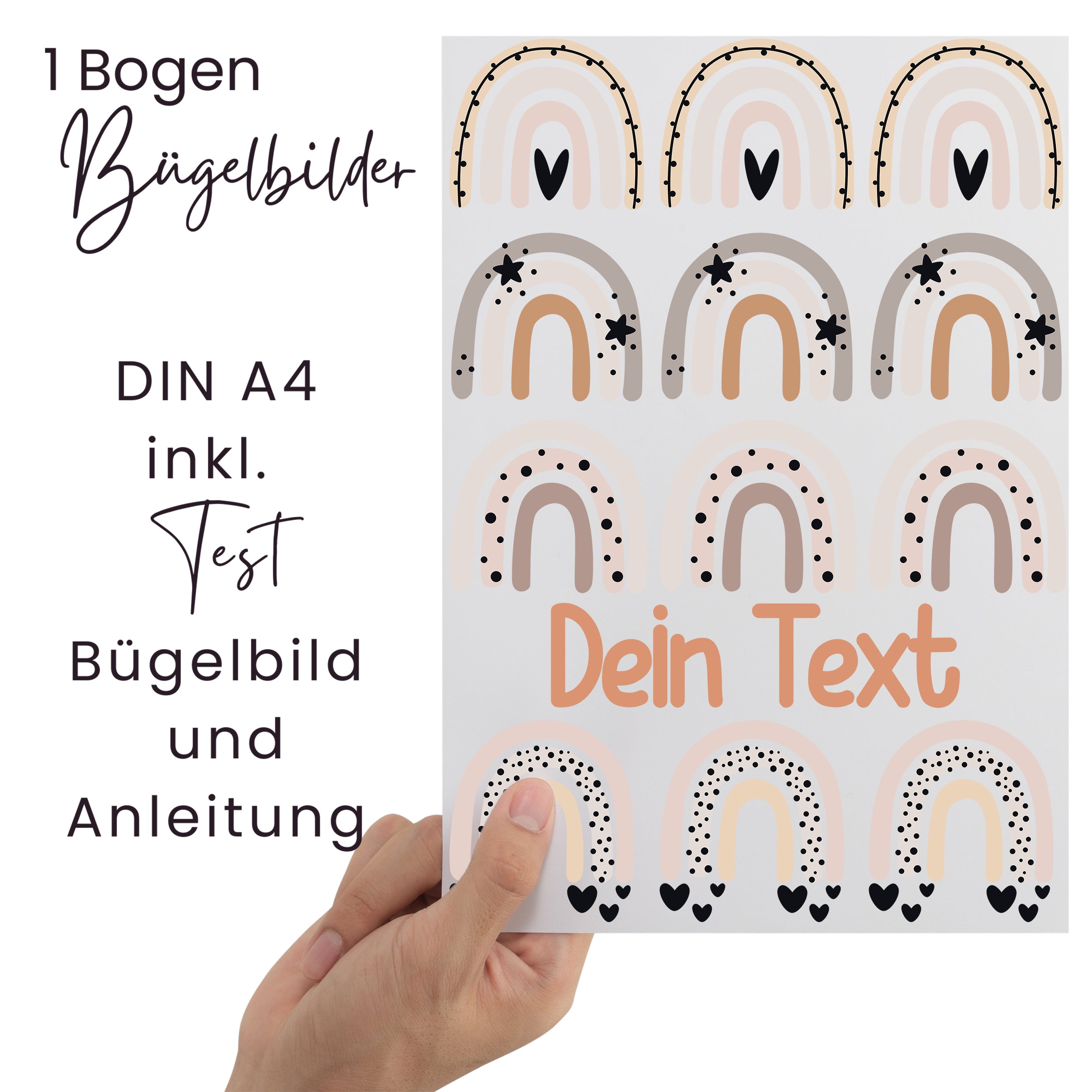 Bügelbilderbogen in Pastellfarben, DIN A4, inklusive Anleitung.
