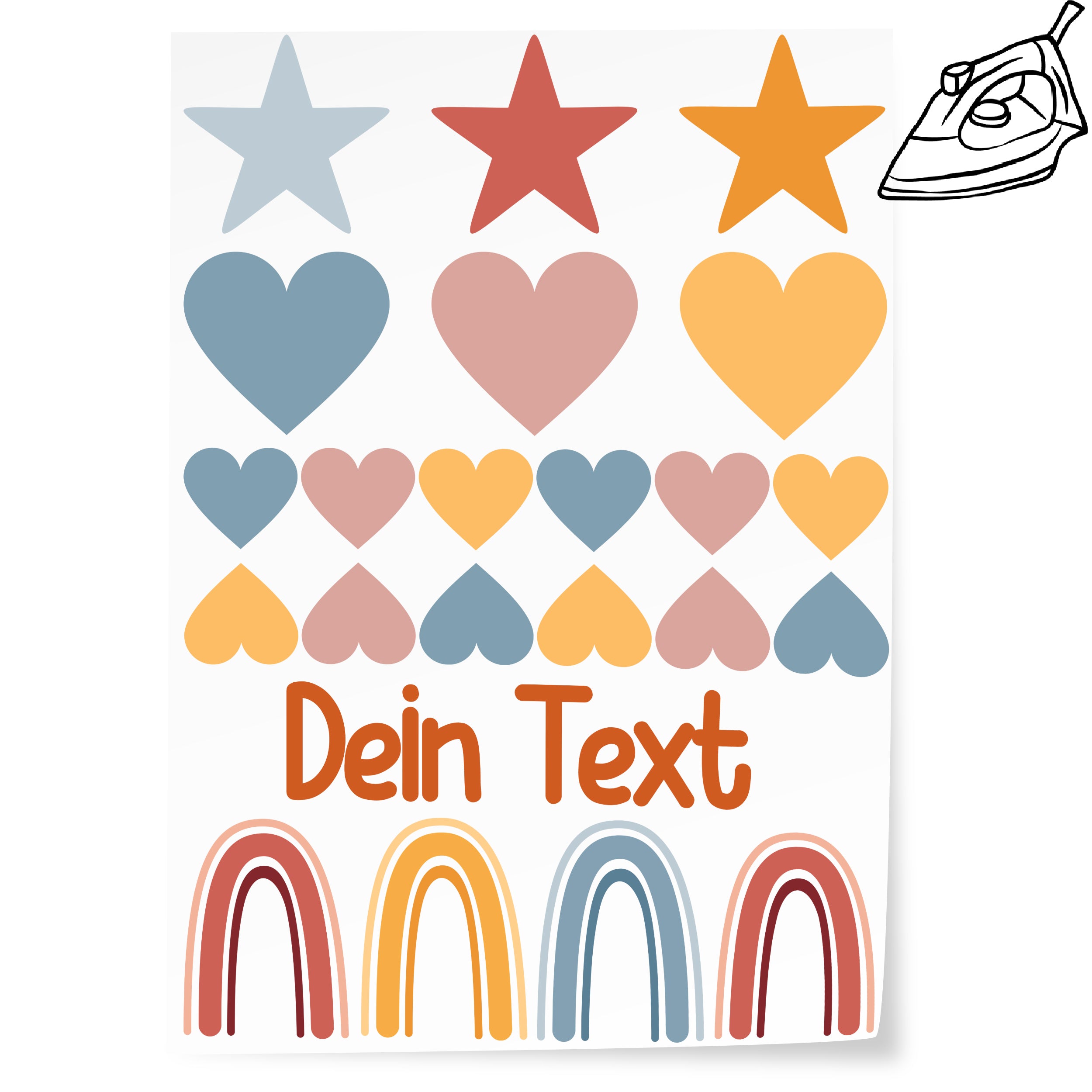 Bunte Herzen, Sterne und Regenbögen mit "Dein Text".