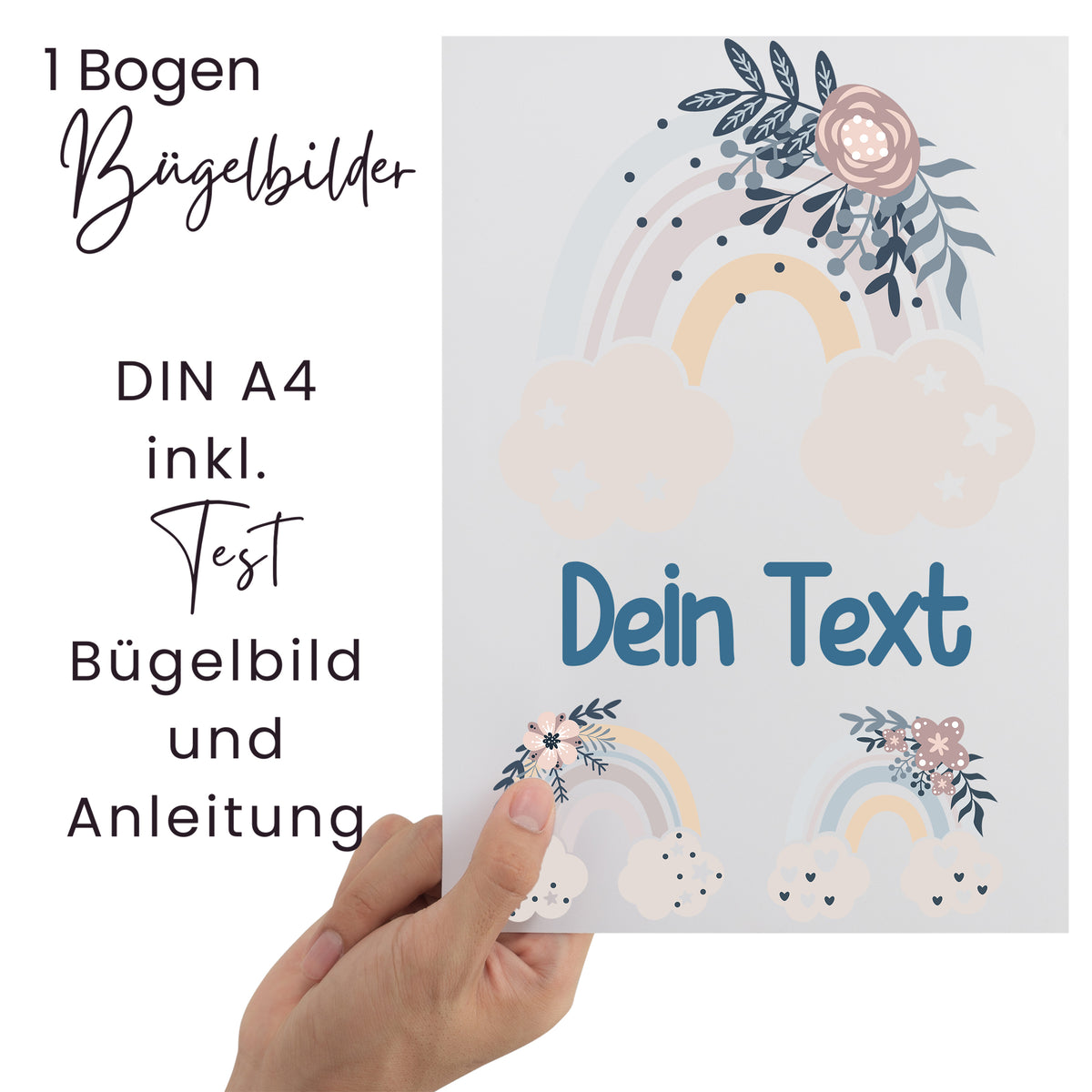Bügelfolie DIN A4 mit Regenbogen und Blumenmotiv.
