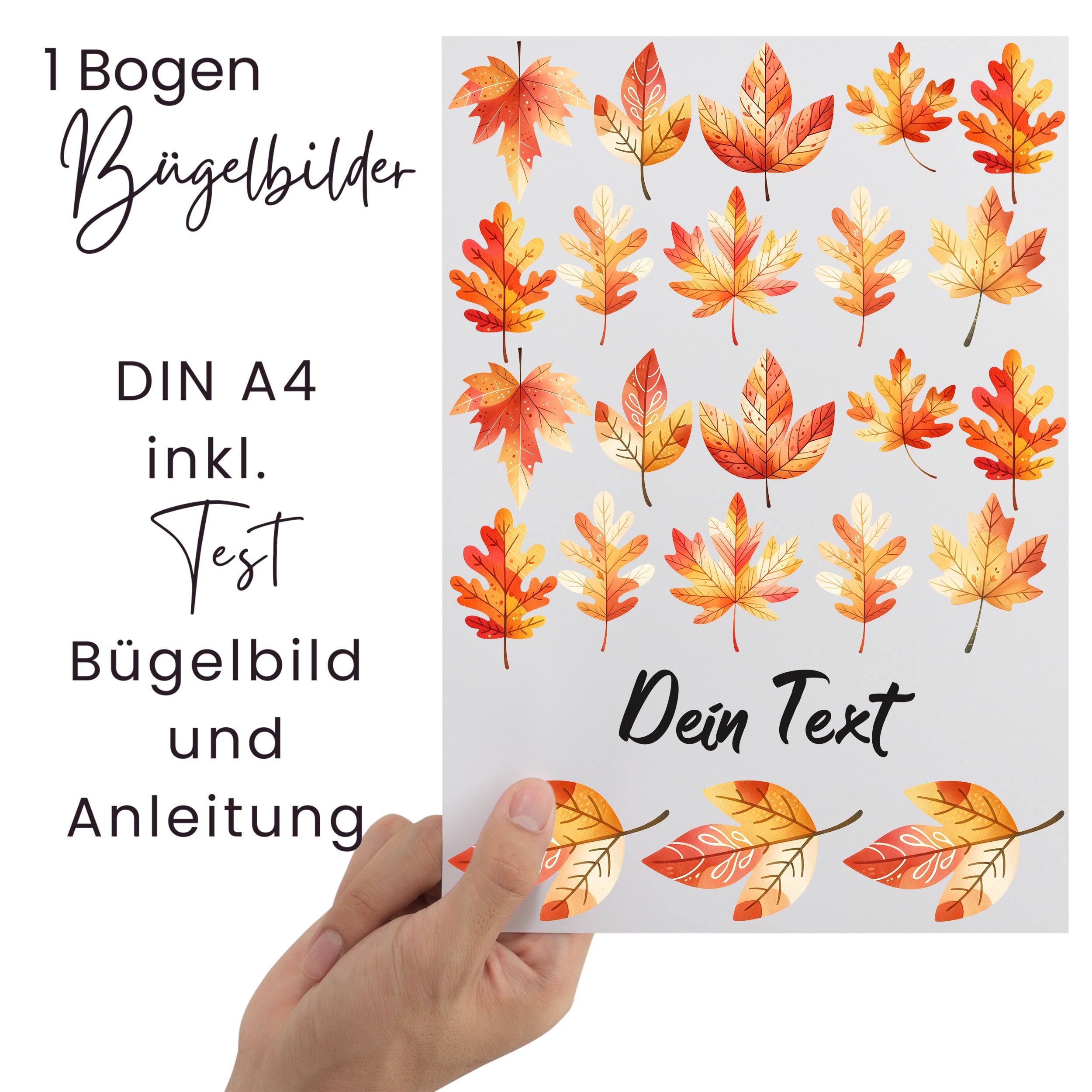 Bügelfolie mit bunten Herbstblättern, DIN A4, Anleitung inklusive.