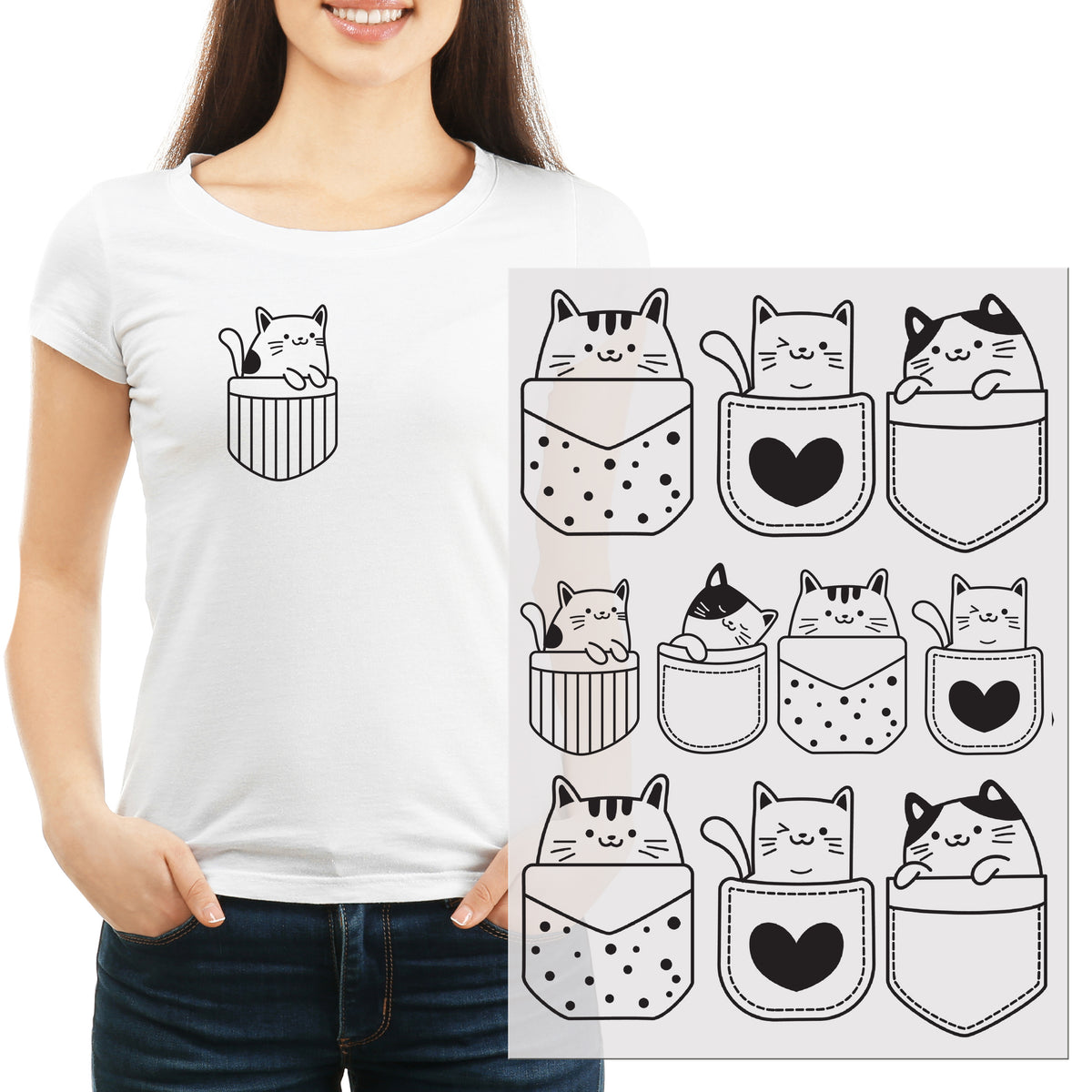 Weißes T-Shirt mit Katzenmotiven in Taschen.