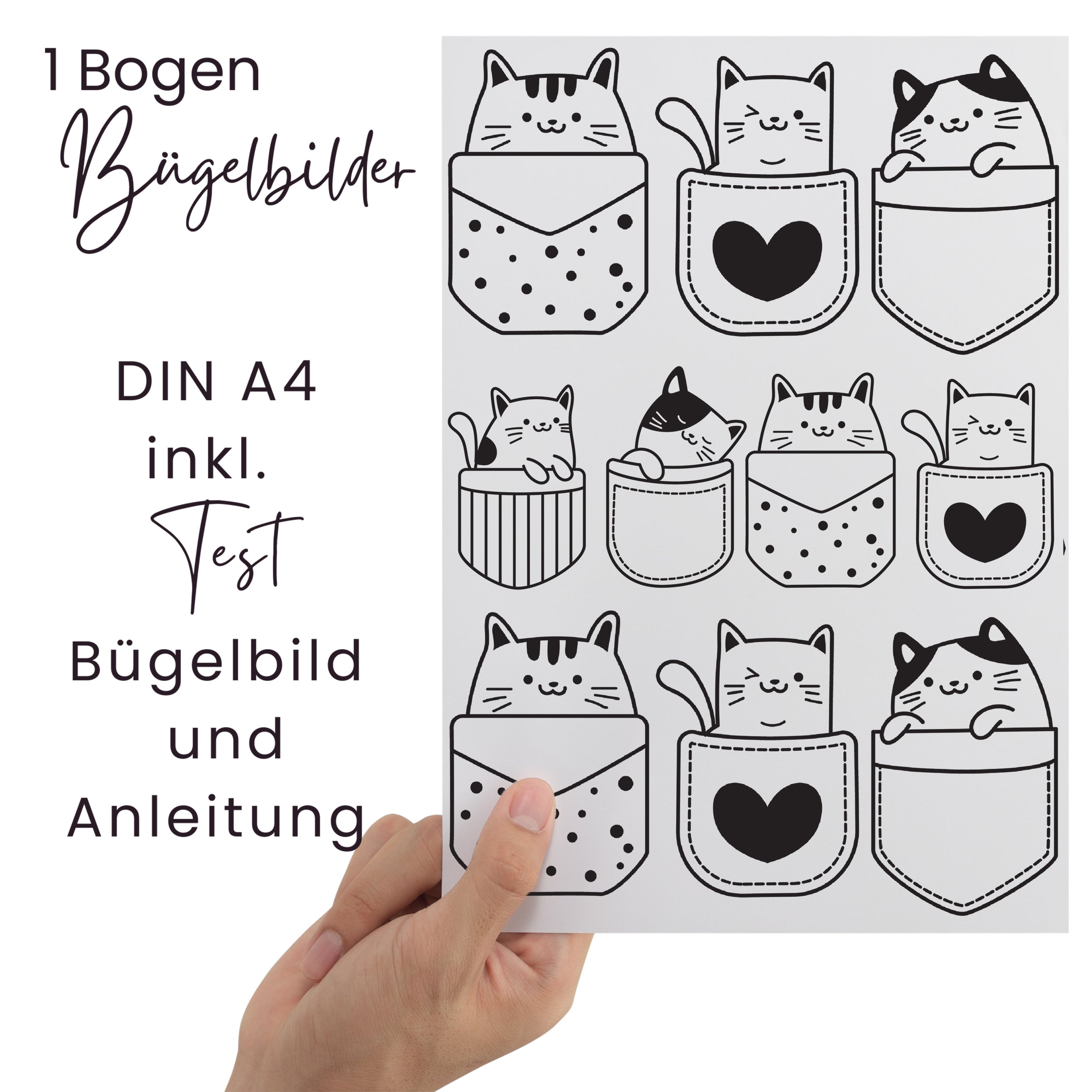Bügelbilder mit Katzenmotiven auf A4-Bogen.