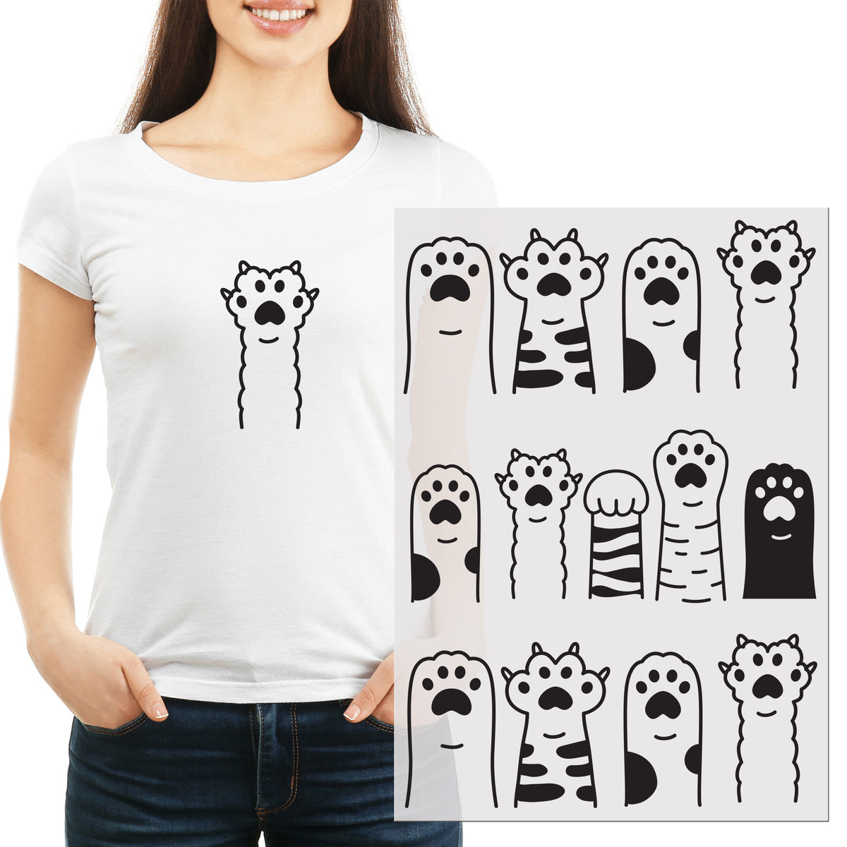 Weißes T-Shirt mit schwarzem Tiermotiv und Pfotenabdrücken.