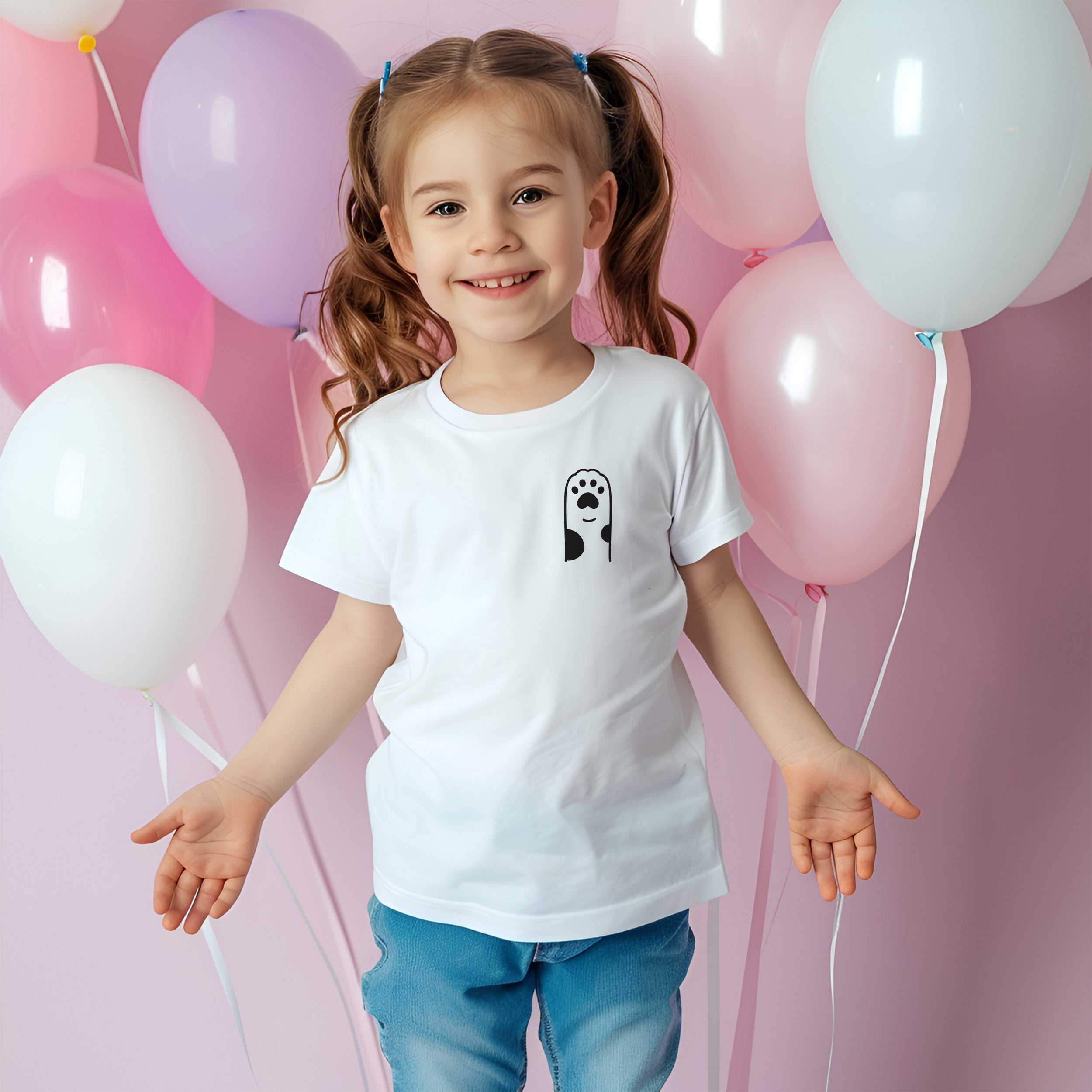 Weißes T-Shirt mit Geisterdruck, lächelndes Mädchen, bunte Luftballons.