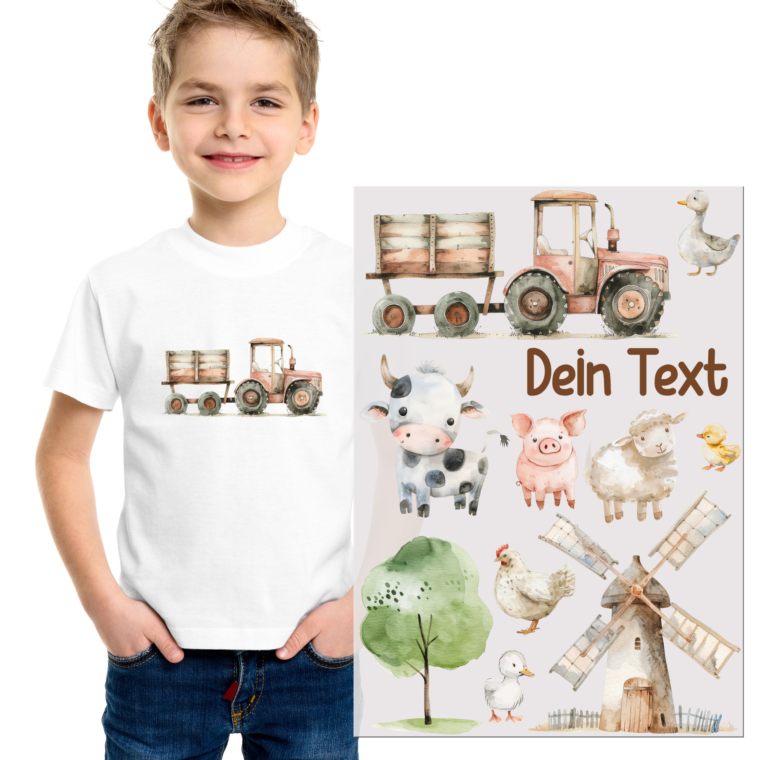 Weißes T-Shirt mit Traktor und Bauernhoftieren.