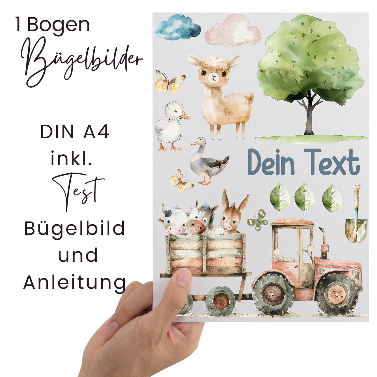 Bügelbilder A4 mit Tieren, Baum und Traktor in Pastellfarben.