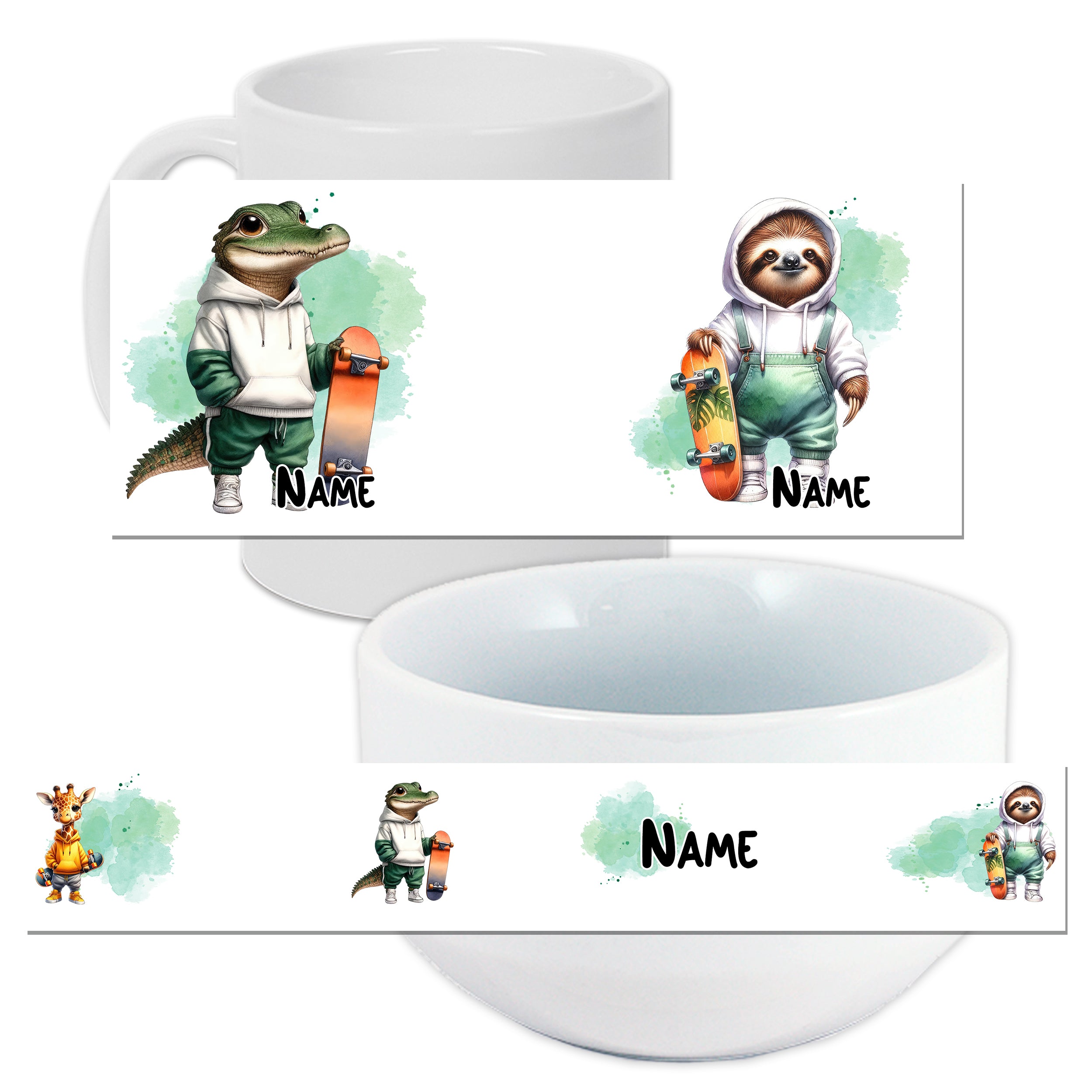 Tasse und Schüssel mit Tiermotiven und personalisierbarem Namen.