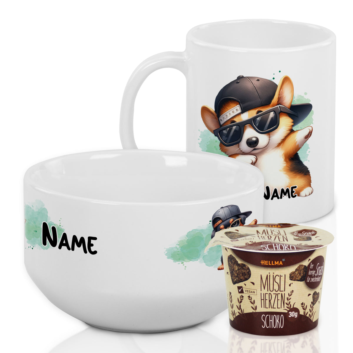 Tasse und Schüssel mit Corgi-Design, personalisierbar.