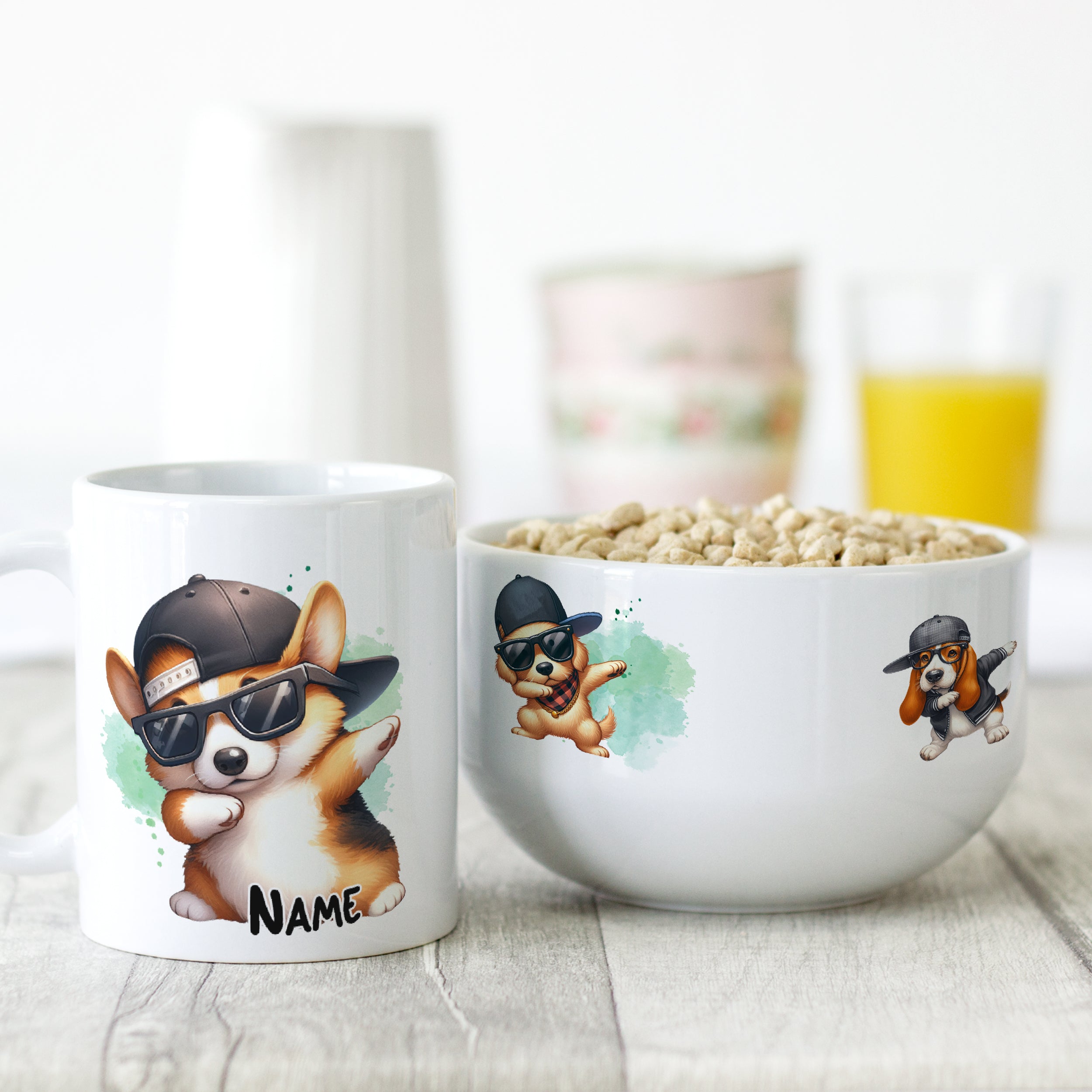 Tasse und Schüssel mit Corgi-Motiv und Sonnenbrille.