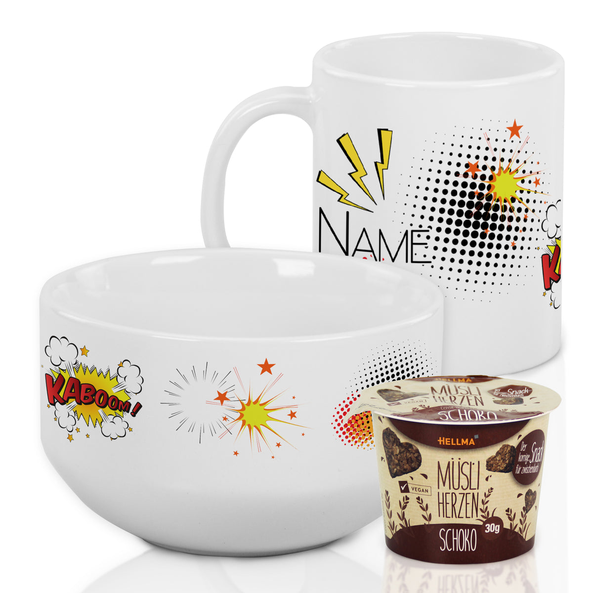 Tasse und Schüssel in Weiß mit bunten Comic-Motiven.