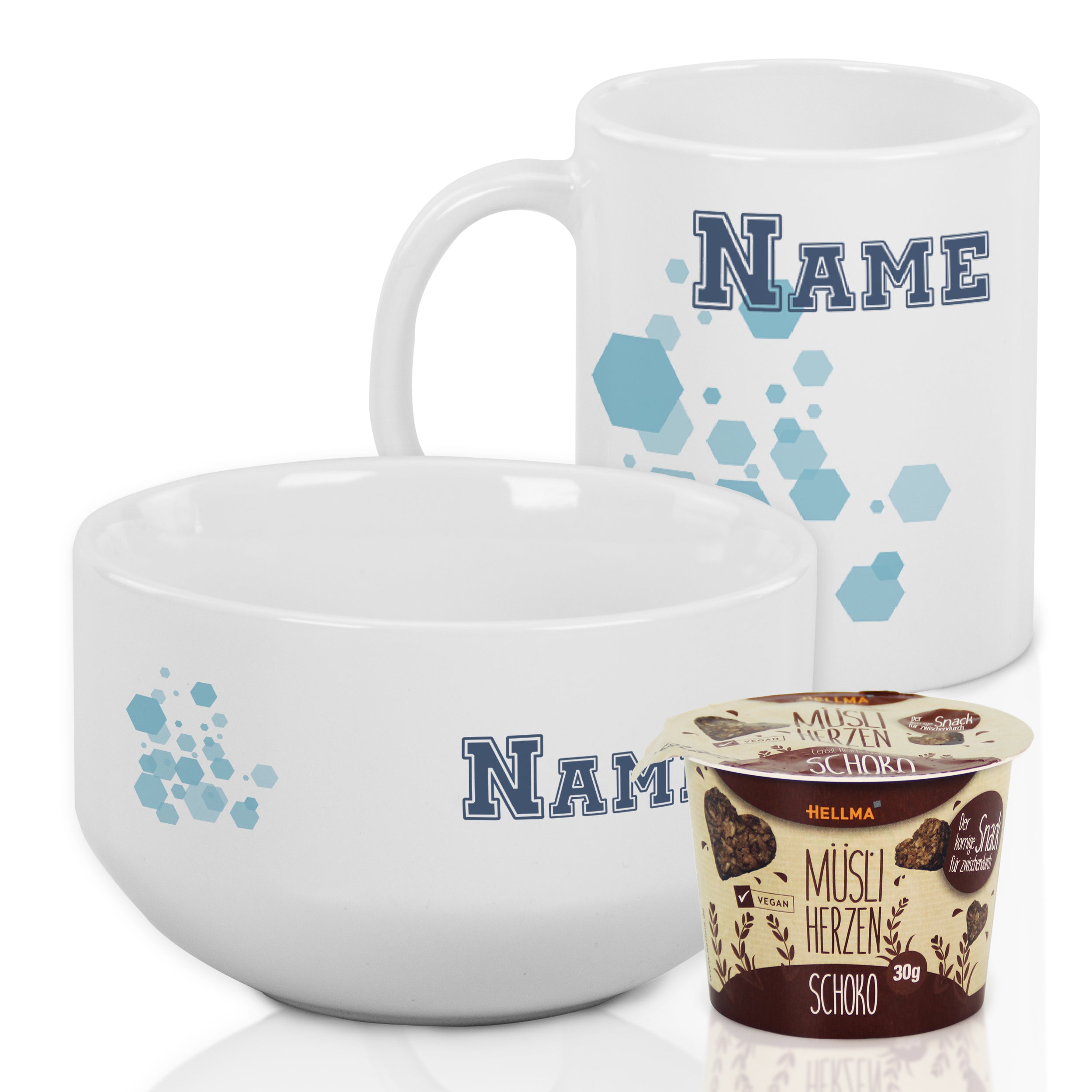 Weißes Geschirrset mit personalisiertem Namen, Schüssel und Tasse.