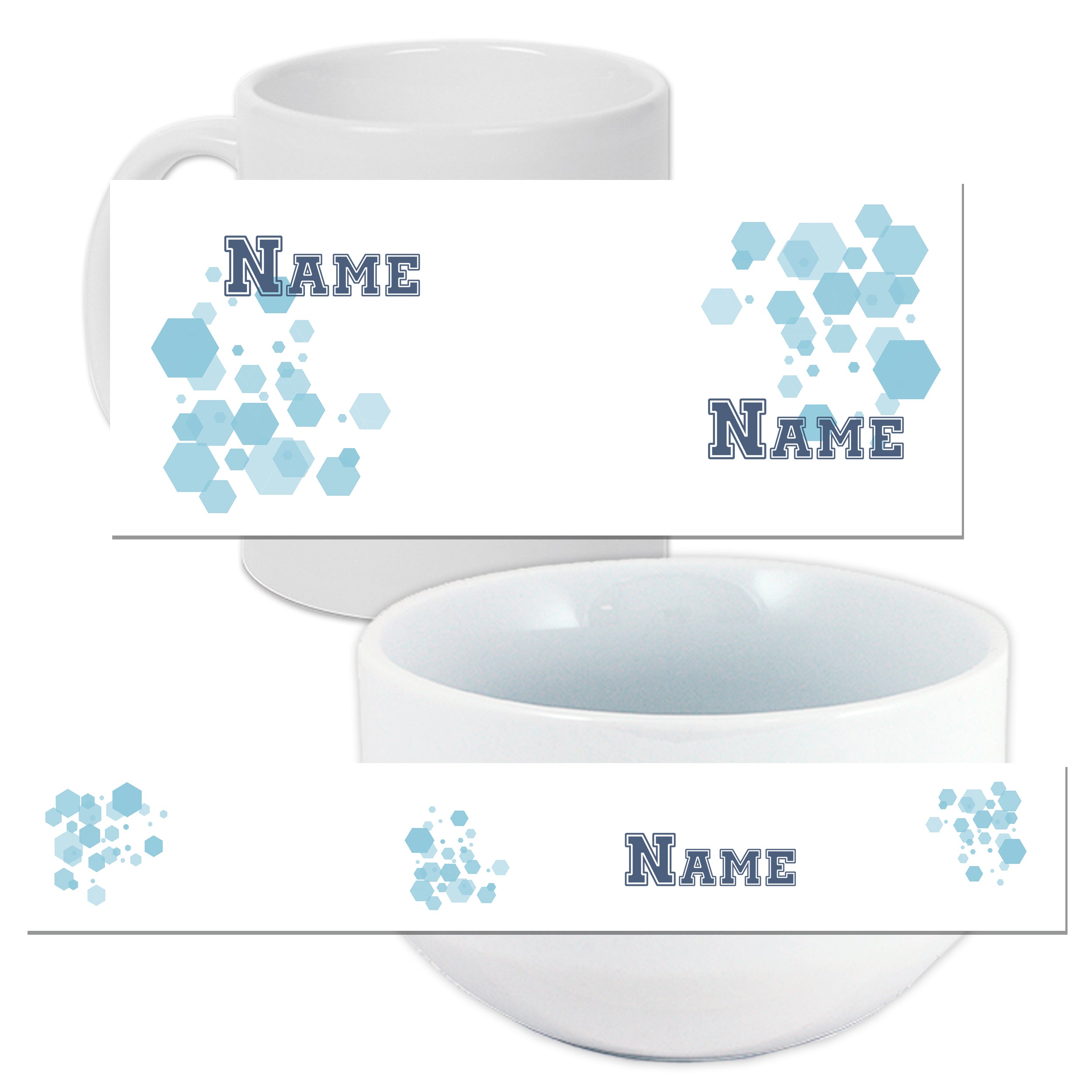 Weißer Becher und Schüssel mit blauen hexagonalen Mustern.