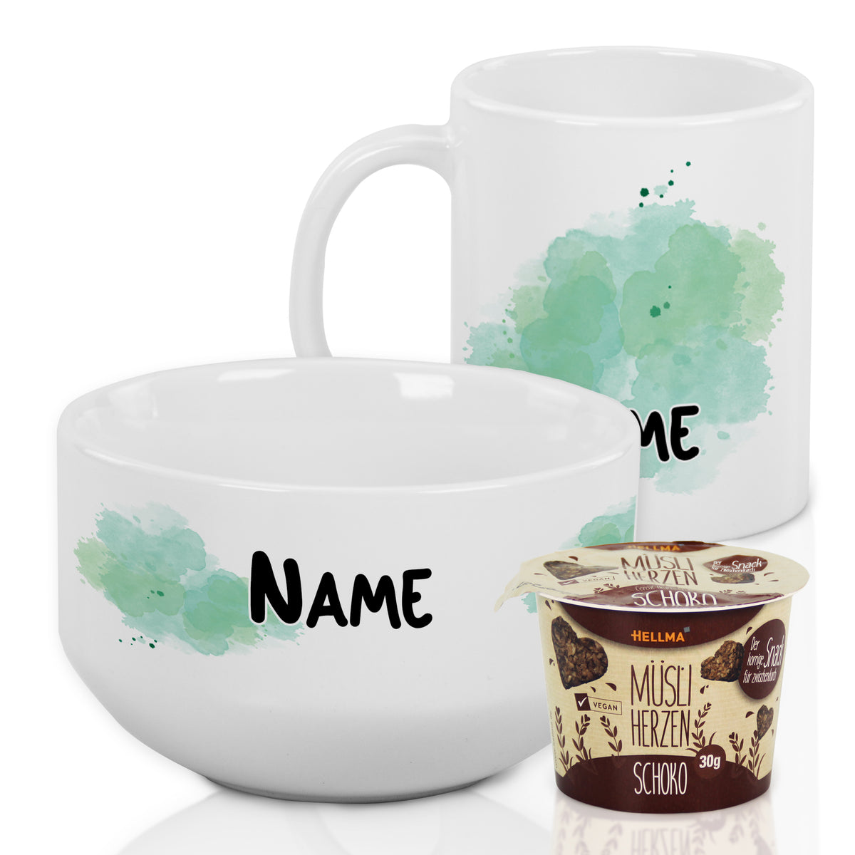 Weißes Geschirrset mit grünem Aquarell und personalisiertem Namen.