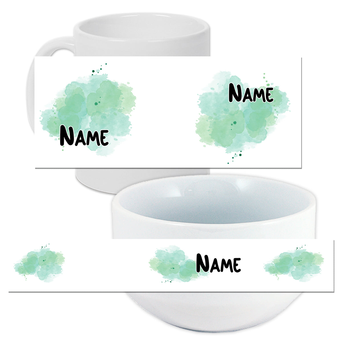 Tasse und Schüssel mit mintgrünem Aquarellmuster und Namen.