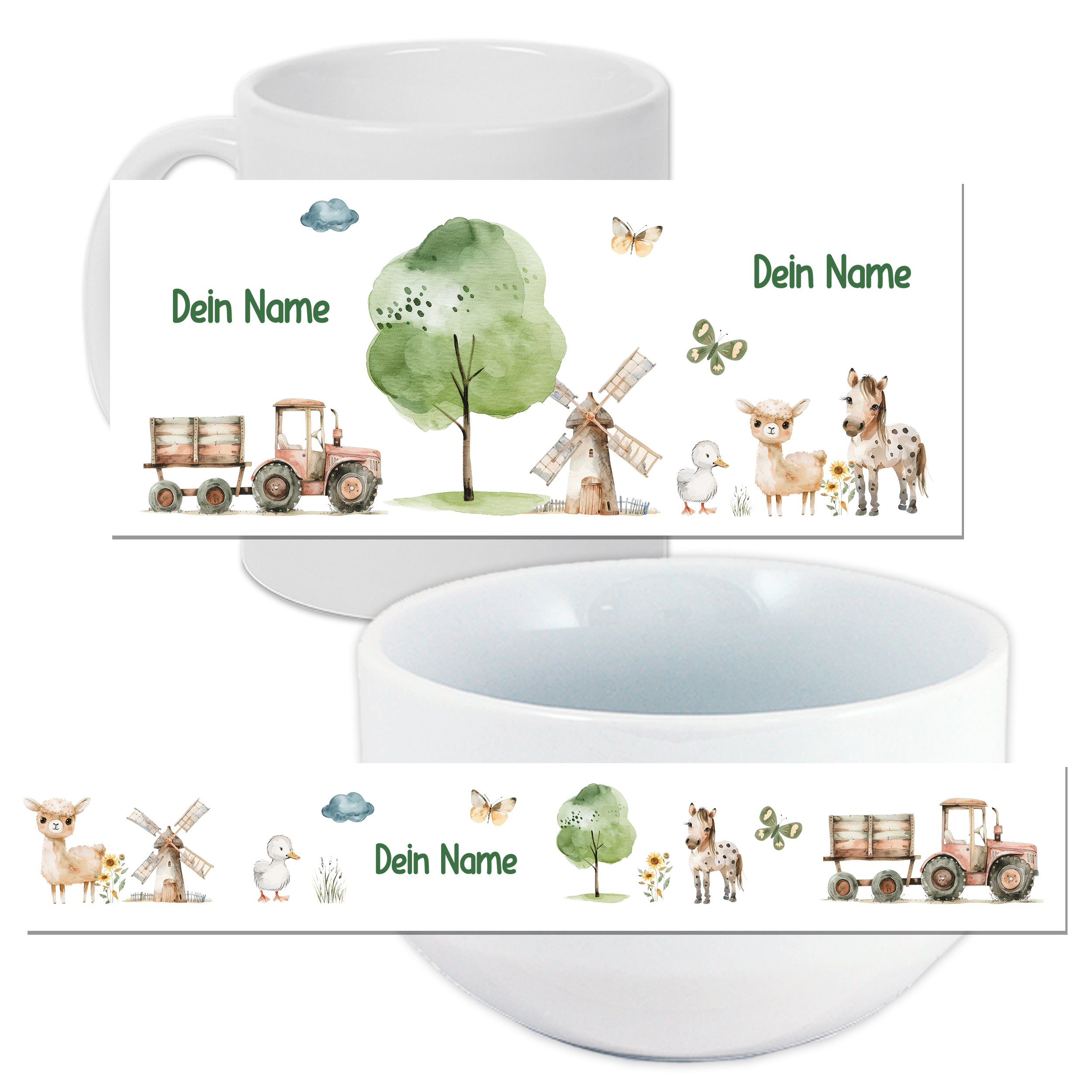 Personalisierte Tasse und Schüssel mit tierischen Motiven.