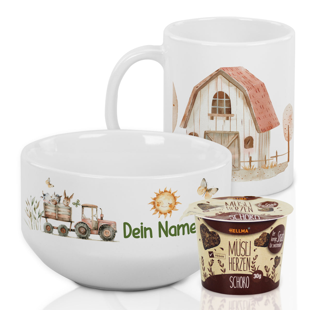 Personalisierte Schüssel und Tasse mit ländlichem Design.