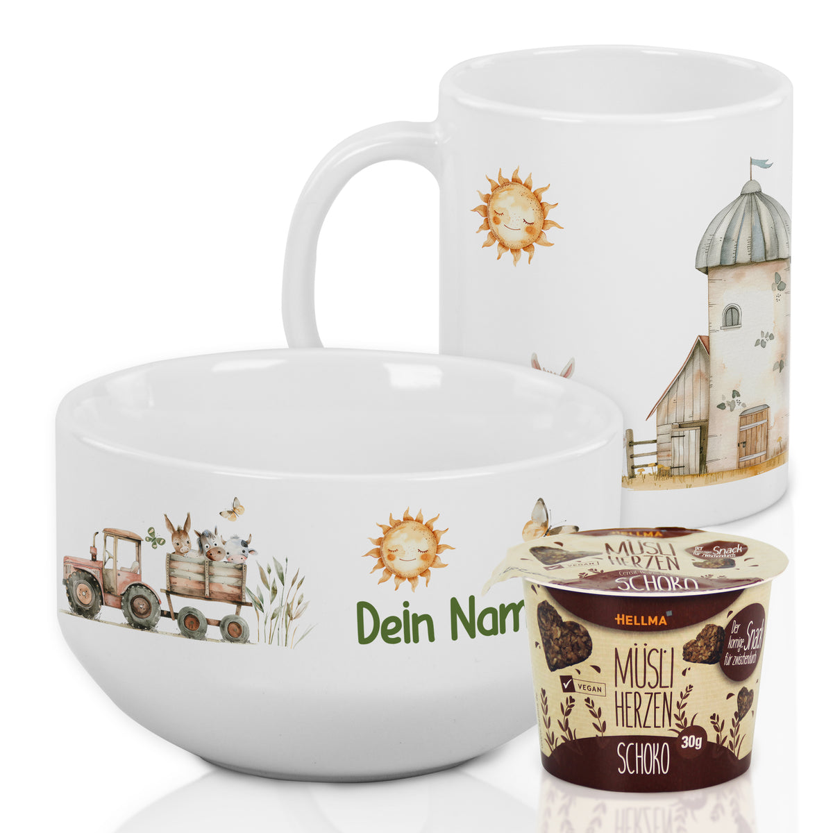 Weiße Schüssel und Tasse mit Bauernhof-Motiv, personalisiert.