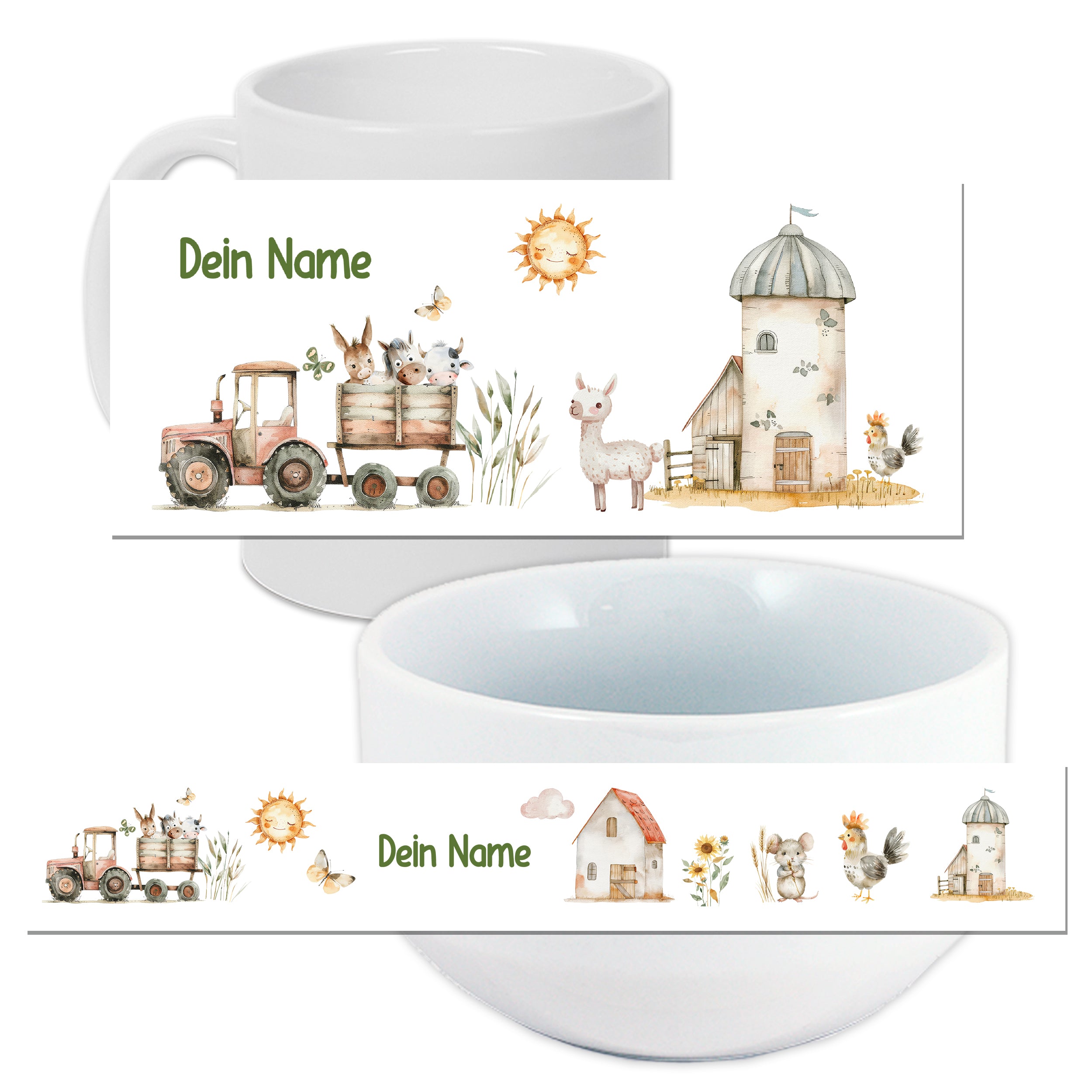 Weißer Becher und Schüssel mit bunten, ländlichen Motiven.