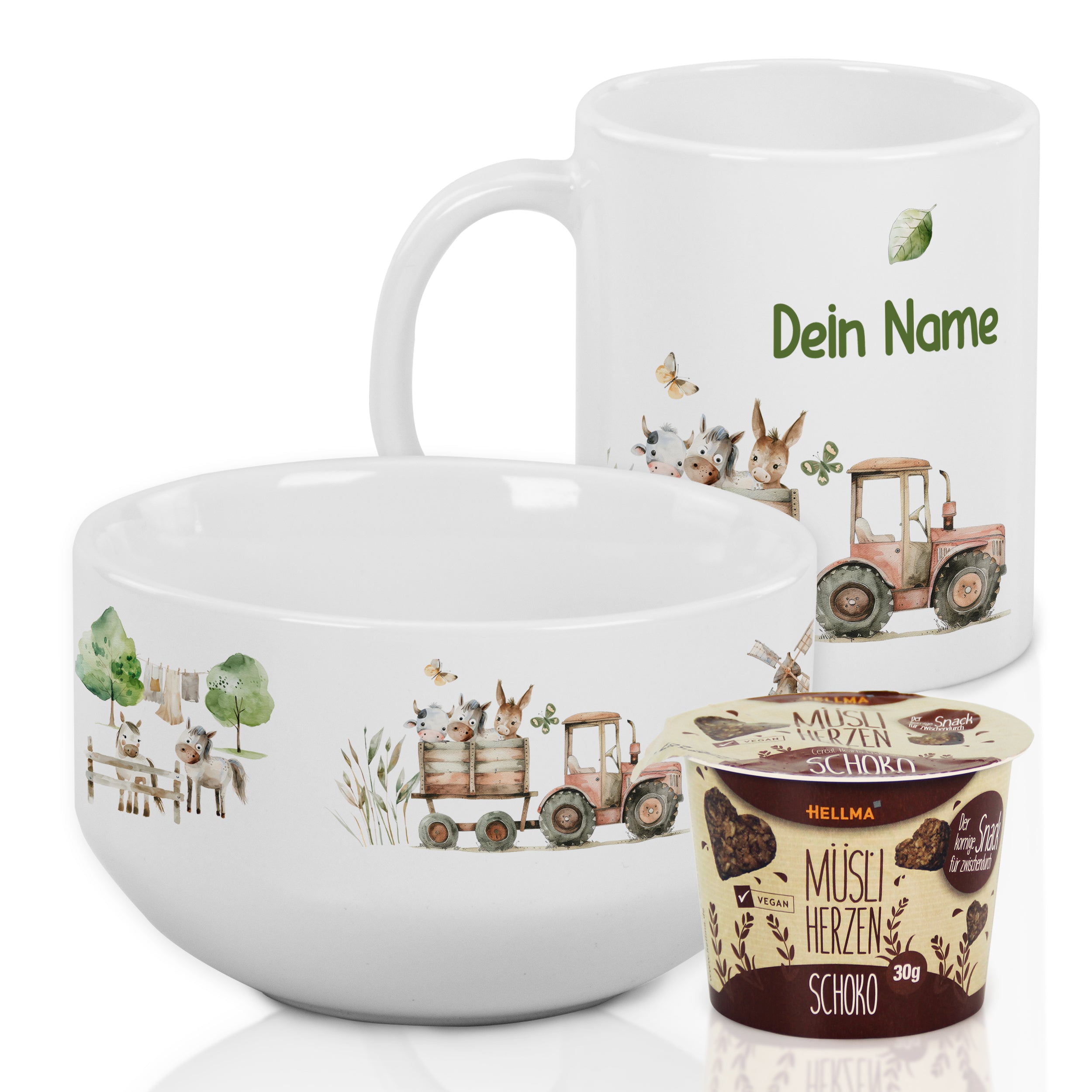 Tasse und Müslischale mit Tiermotiven, personalisierbar.