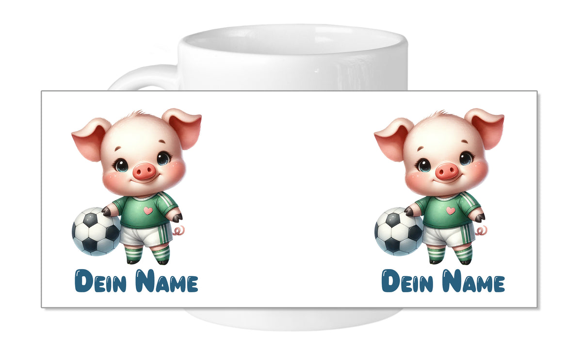 Tasse mit niedlichem Fußballschwein und personalisiertem Namen.