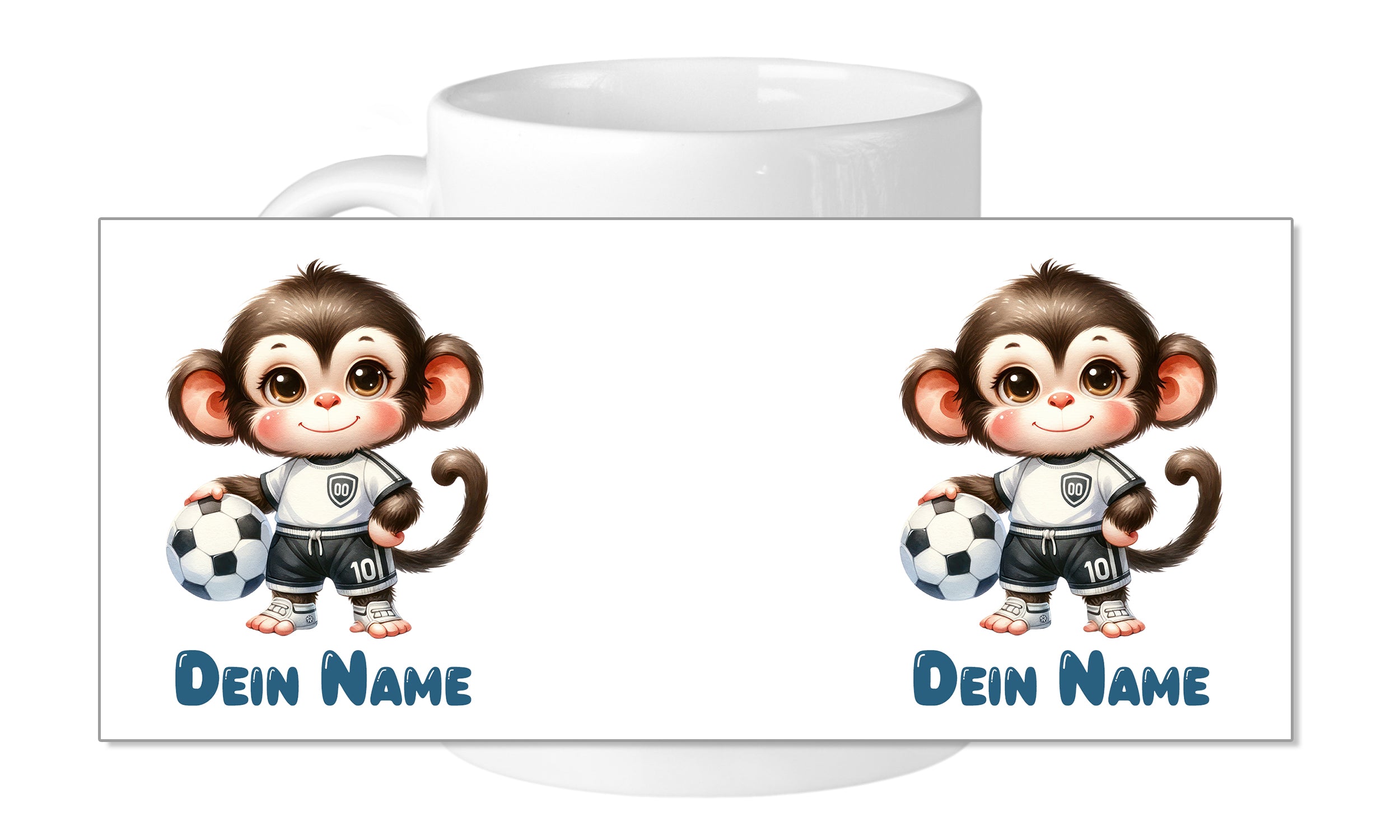 Tasse mit niedlichem Affen und Fußball, personalisierbar.