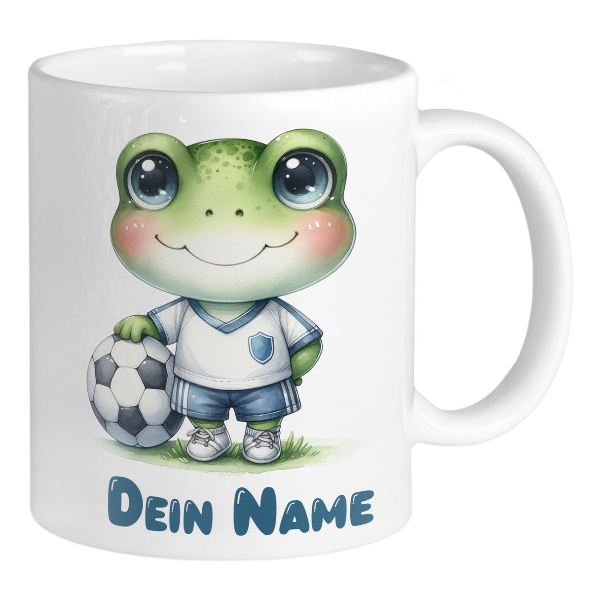 Kaffeetasse mit Frosch im Fußballoutfit und personalisiertem Namen.