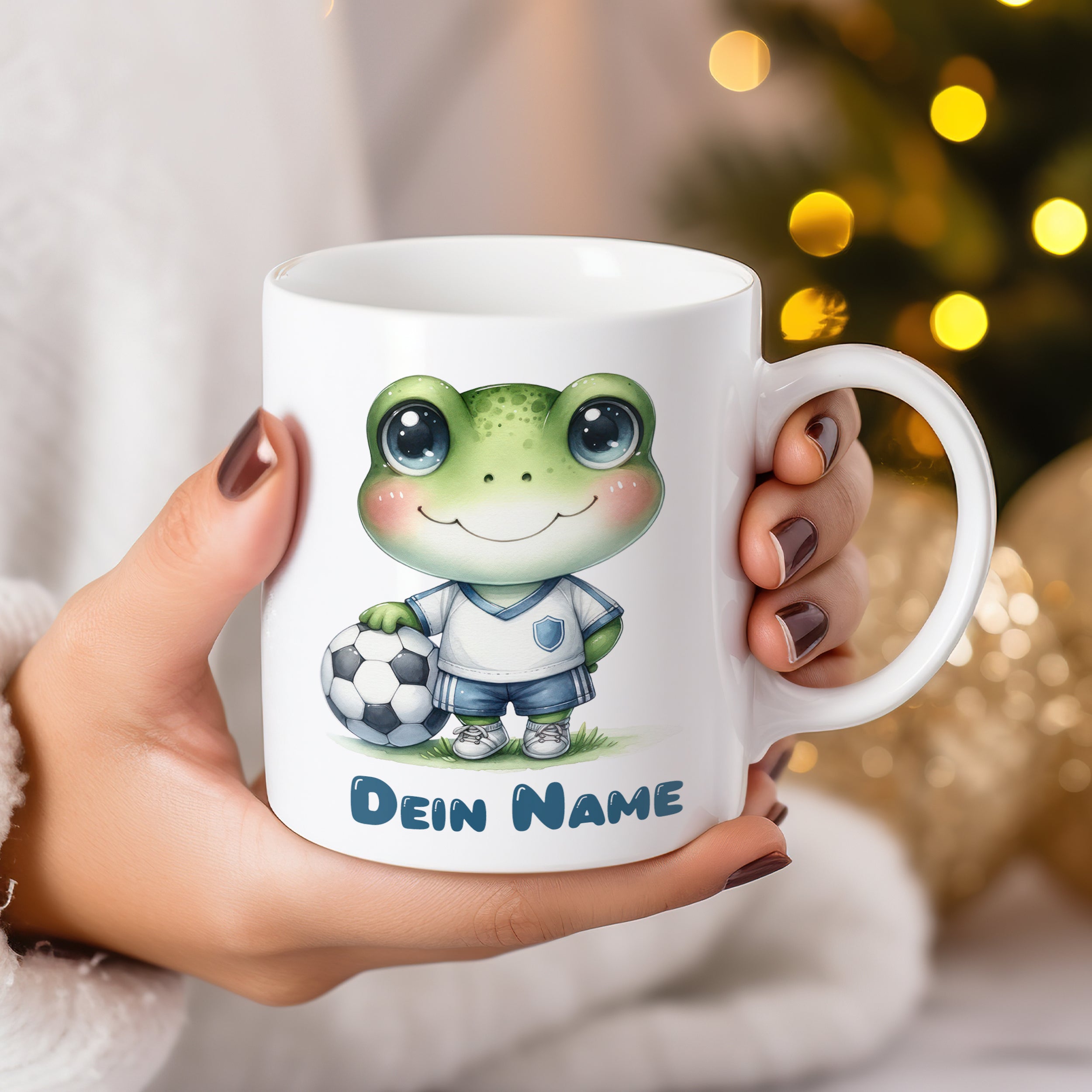 Tasse mit Frosch-Motiv und personalisiertem Namen.