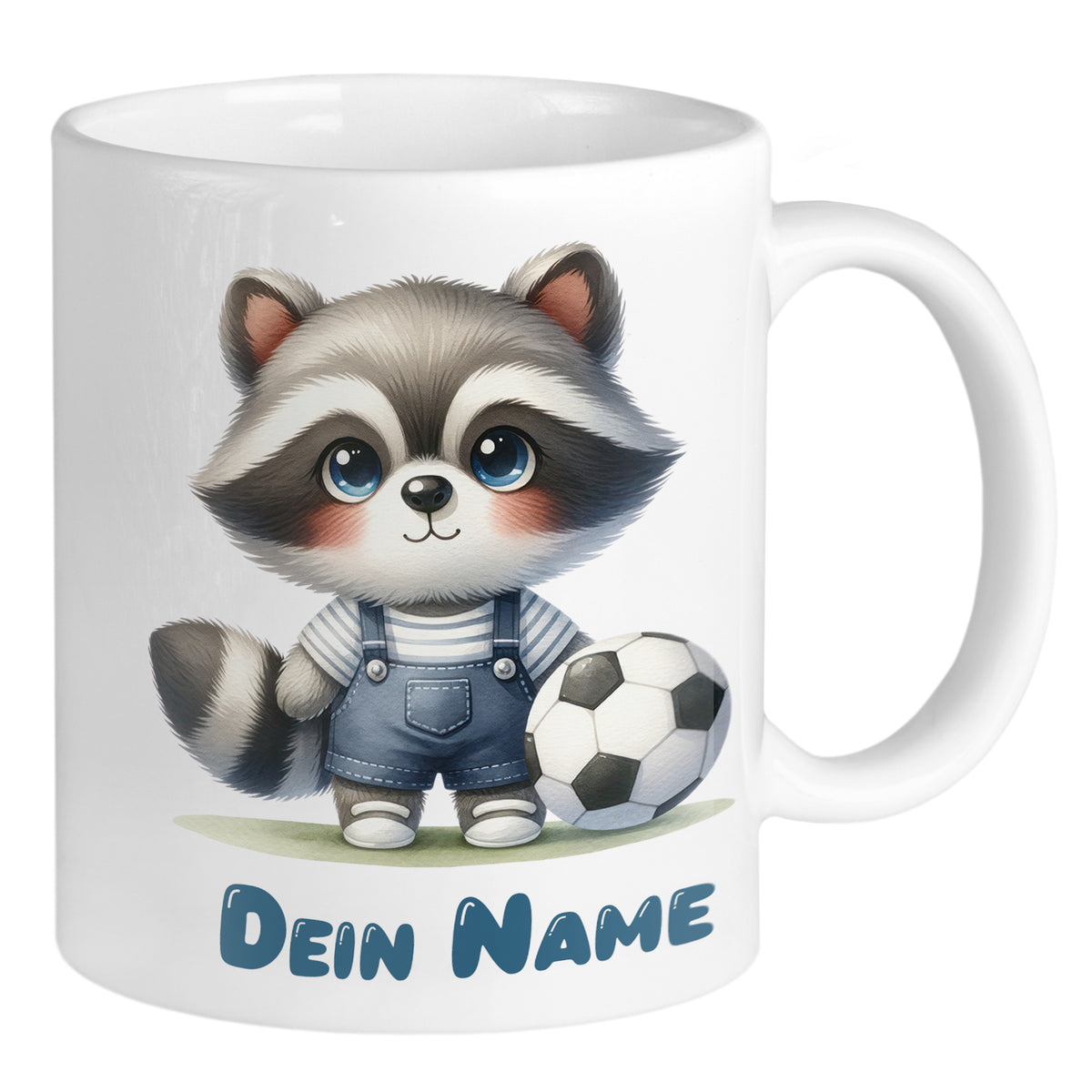 Kaffeetasse mit niedlichem Waschbären und Fußballmotiv.