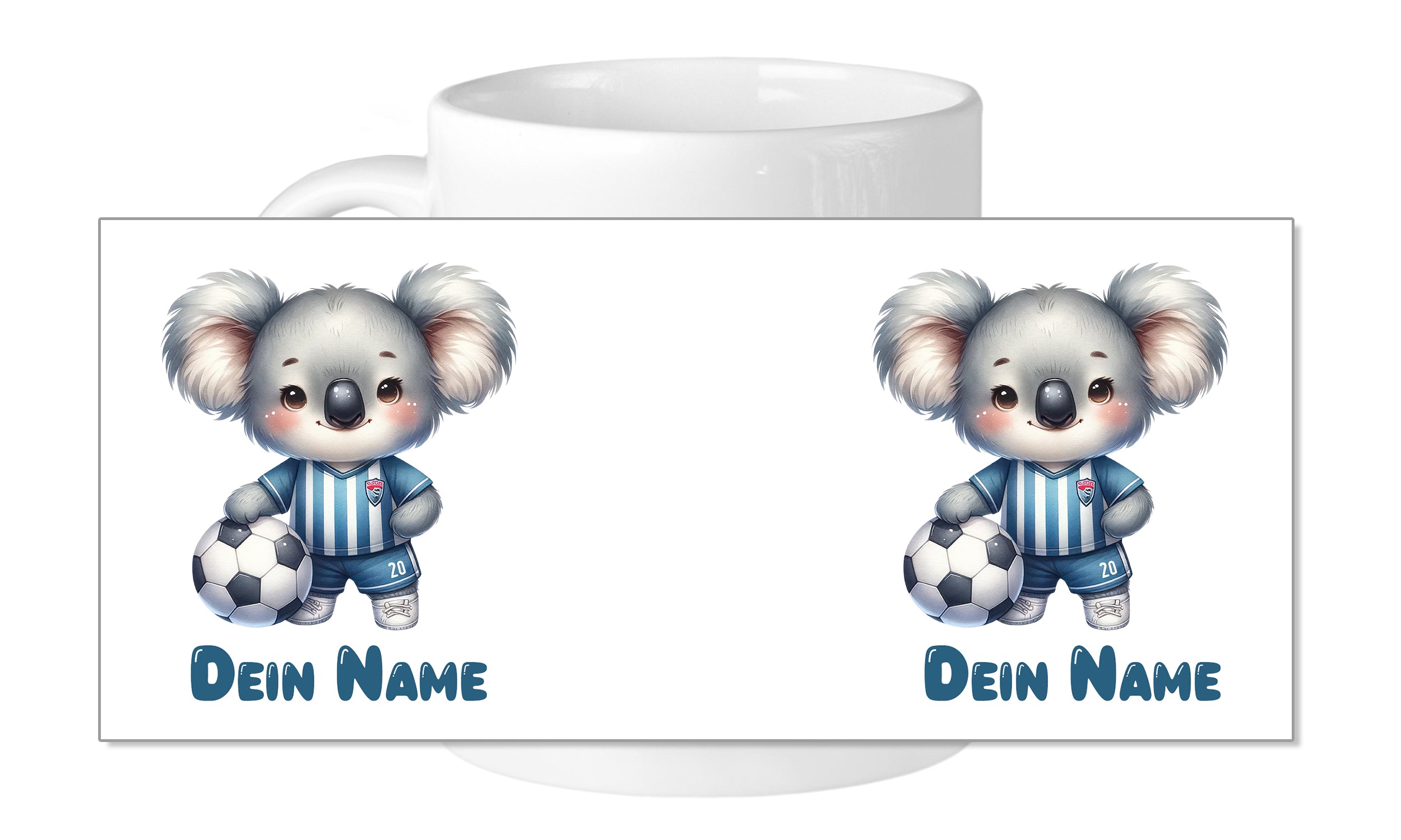Kaffeetasse mit koalabär und Fußball, personalisierbar.