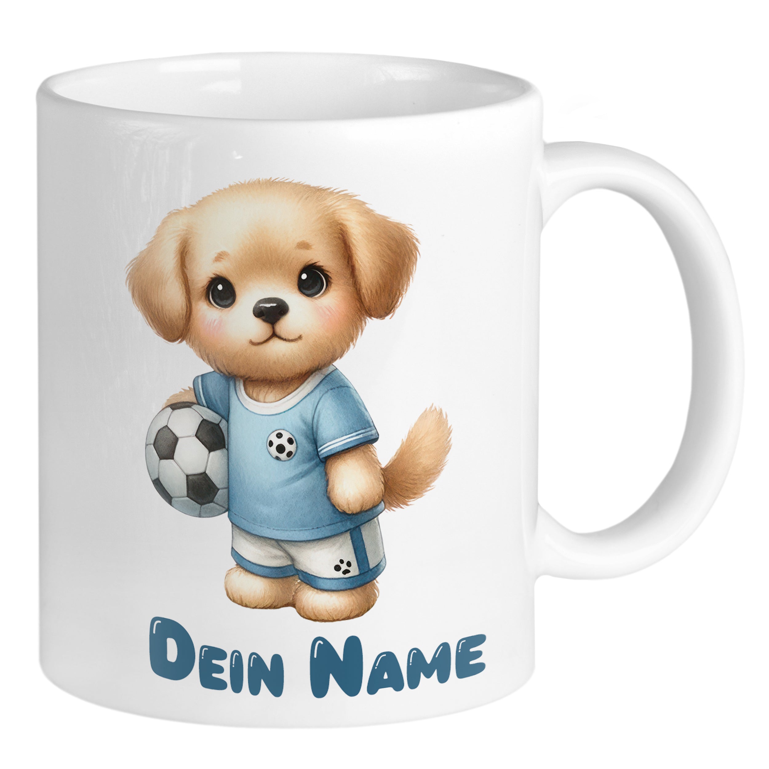 Tasse mit niedlichem Hund und Fußball, personalisiert.
