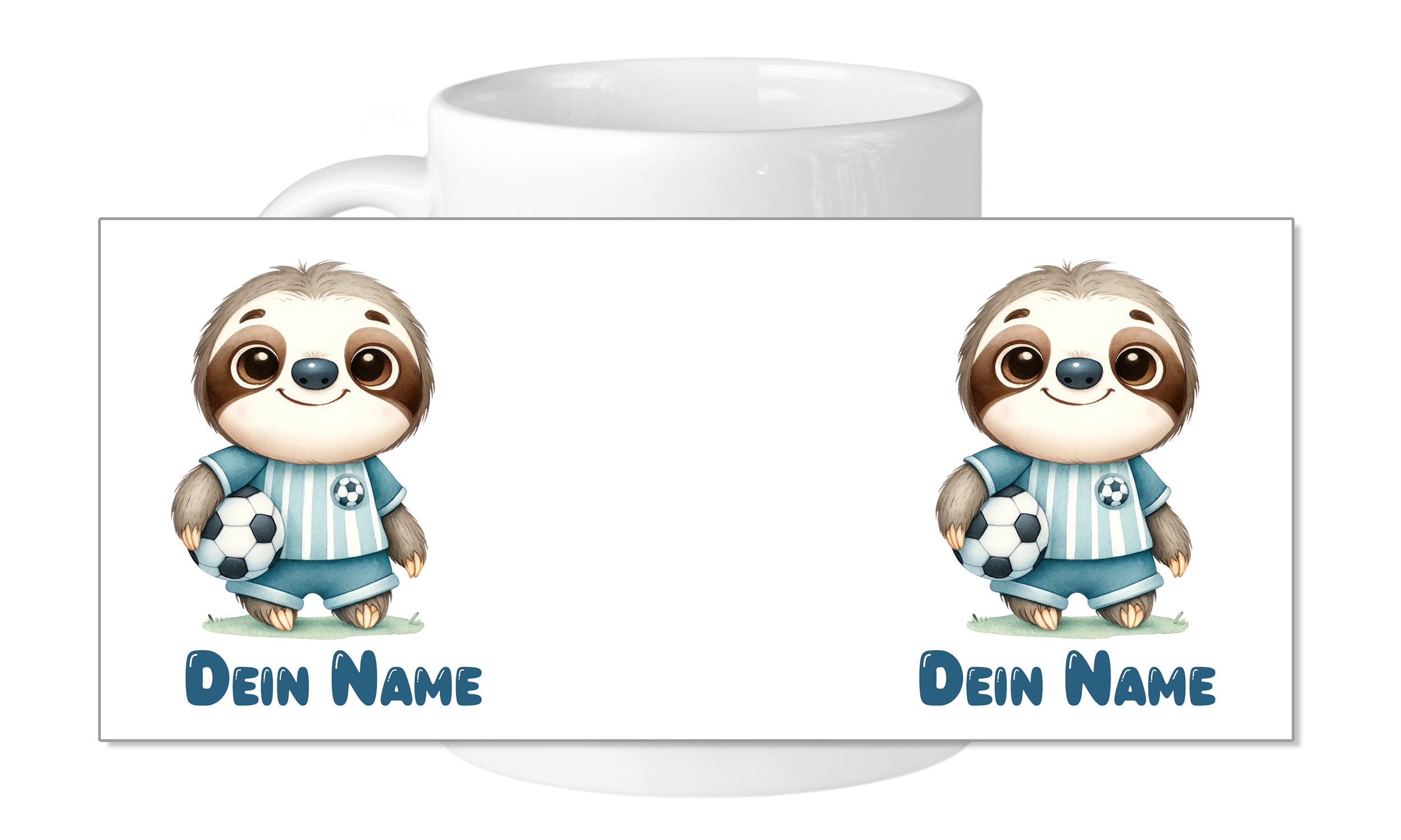 Tasse mit zwei niedlichen Faultieren im Fußballtrikot.