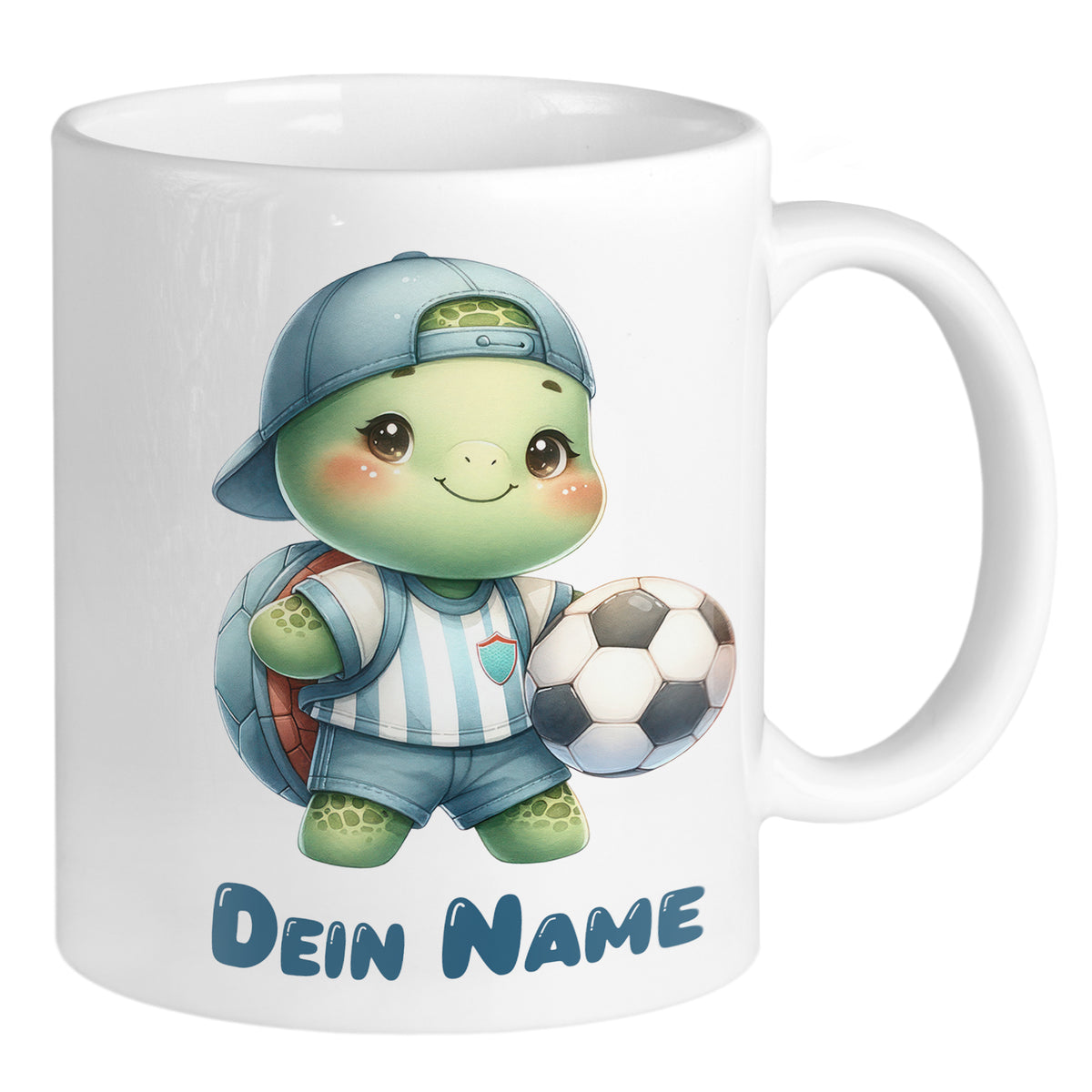 Tasse mit niedlicher Schildkröte im Sportoutfit und Fußball.
